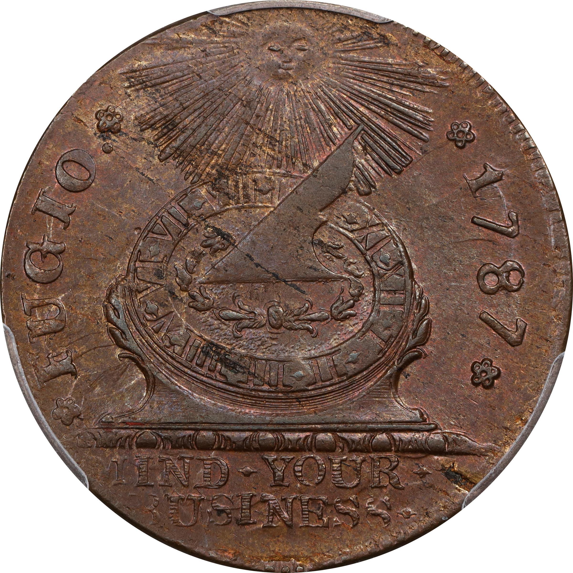 image for: 1787 Fugio Cent. Pointed Rays. Newman 13-X, W-6855. Rarity-1. STATES UNITED, 4 Cinquefoils. MS-63+ BN (PCGS).