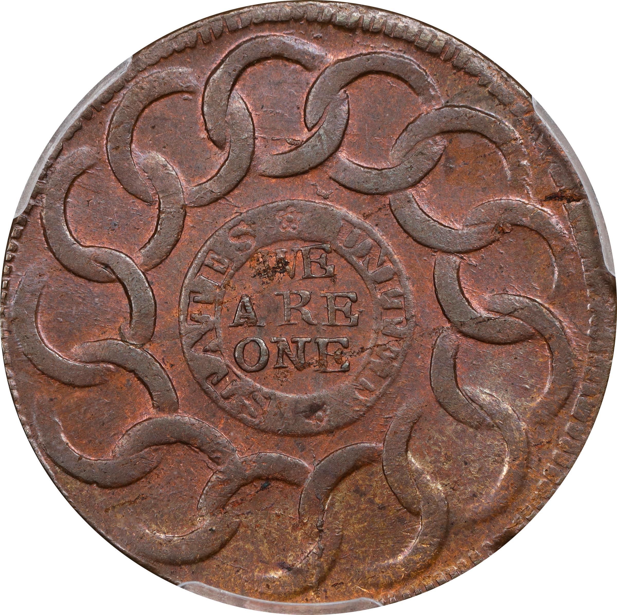 image for: 1787 Fugio Cent. Pointed Rays. Newman 13-X, W-6855. Rarity-1. STATES UNITED, 4 Cinquefoils. MS-63+ BN (PCGS).