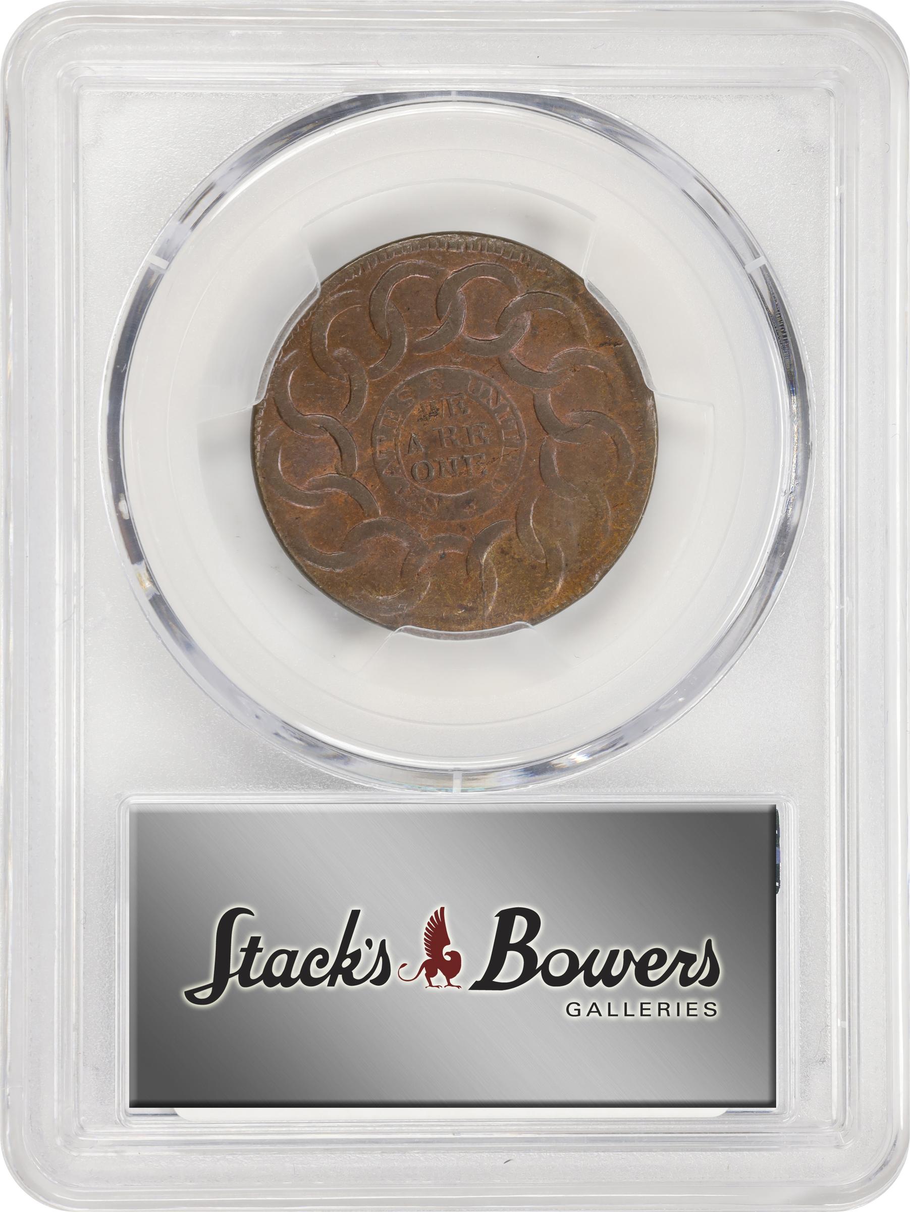 image for: 1787 Fugio Cent. Pointed Rays. Newman 13-X, W-6855. Rarity-1. STATES UNITED, 4 Cinquefoils. MS-63+ BN (PCGS).