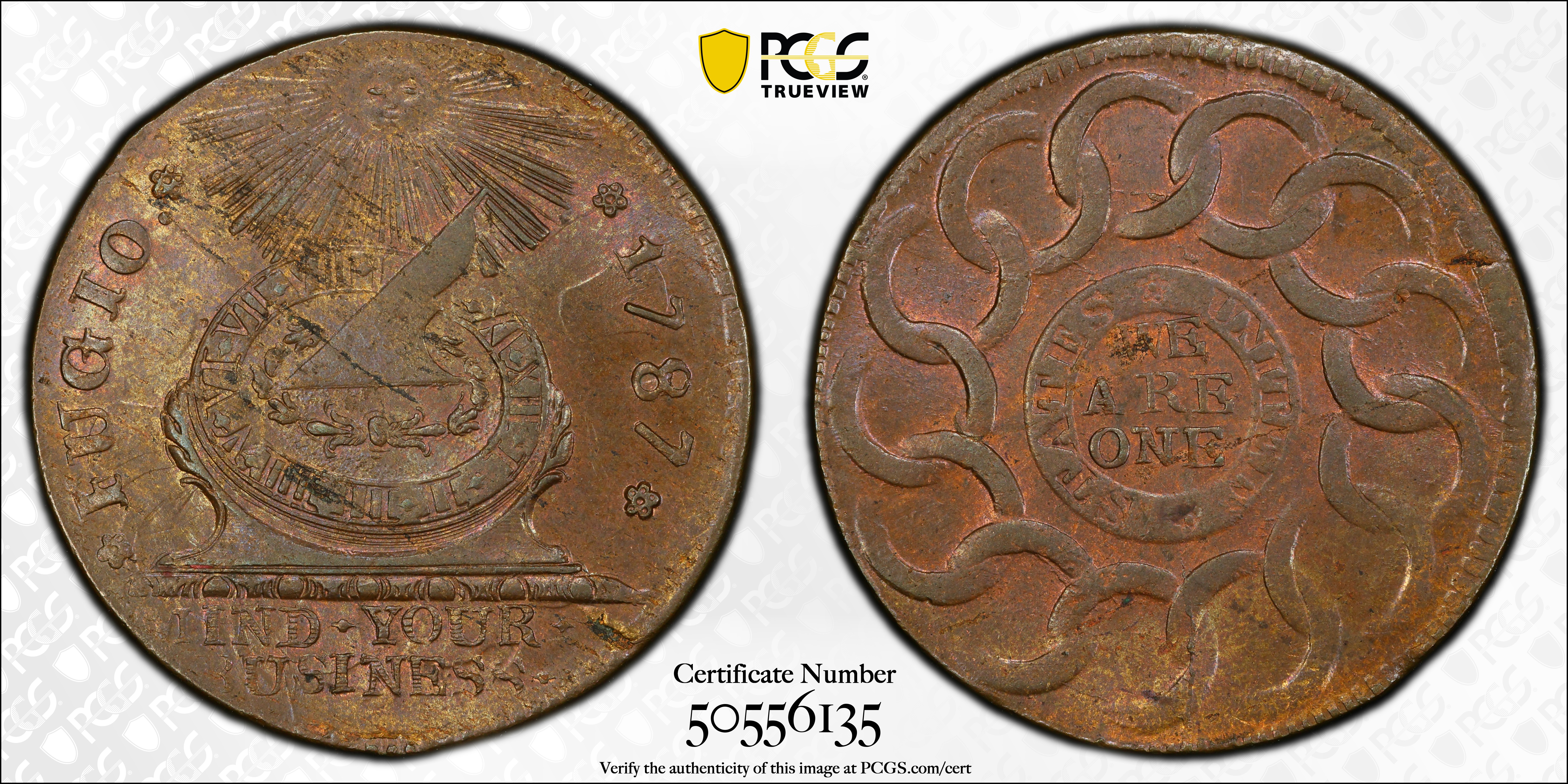 image for: 1787 Fugio Cent. Pointed Rays. Newman 13-X, W-6855. Rarity-1. STATES UNITED, 4 Cinquefoils. MS-63+ BN (PCGS).