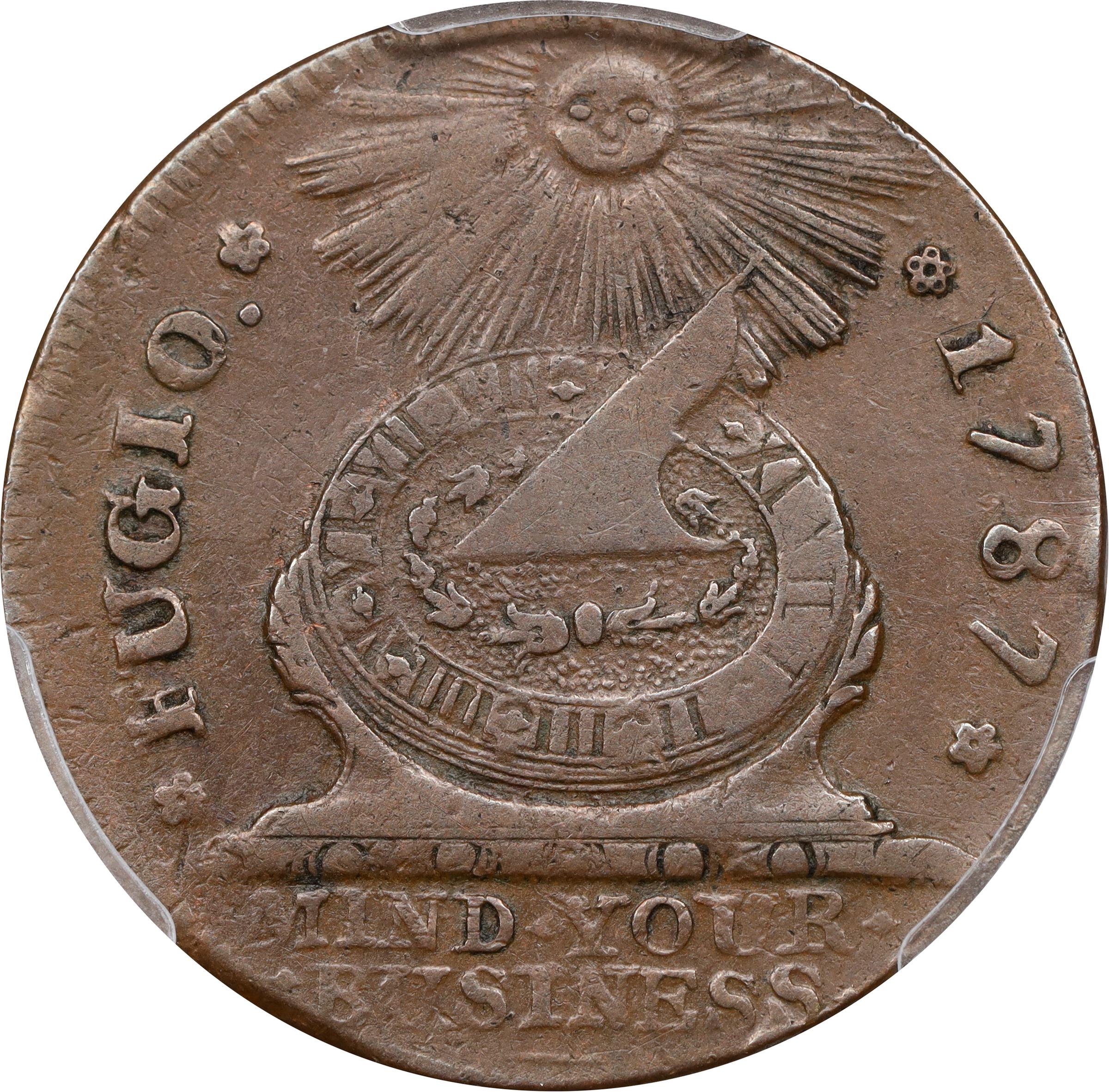 image for: 1787 Fugio Cent. Pointed Rays. Newman 14-O, W-6875. Rarity-4. STATES UNITED, 4 Cinquefoils. EF-45 (PCGS).