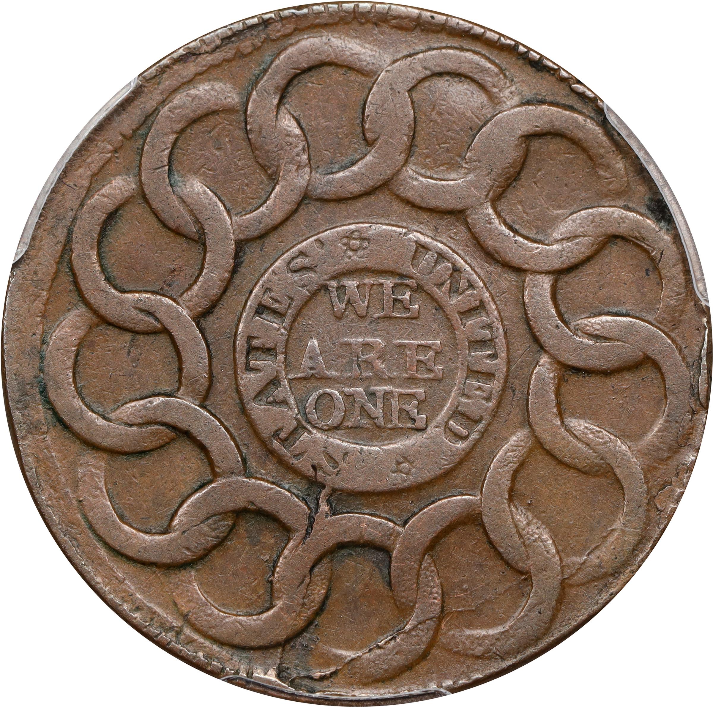 image for: 1787 Fugio Cent. Pointed Rays. Newman 14-O, W-6875. Rarity-4. STATES UNITED, 4 Cinquefoils. EF-45 (PCGS).