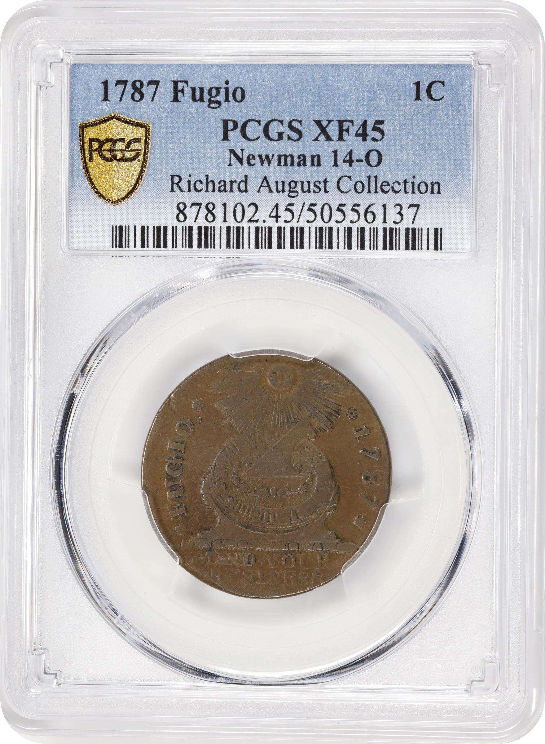 image for: 1787 Fugio Cent. Pointed Rays. Newman 14-O, W-6875. Rarity-4. STATES UNITED, 4 Cinquefoils. EF-45 (PCGS).