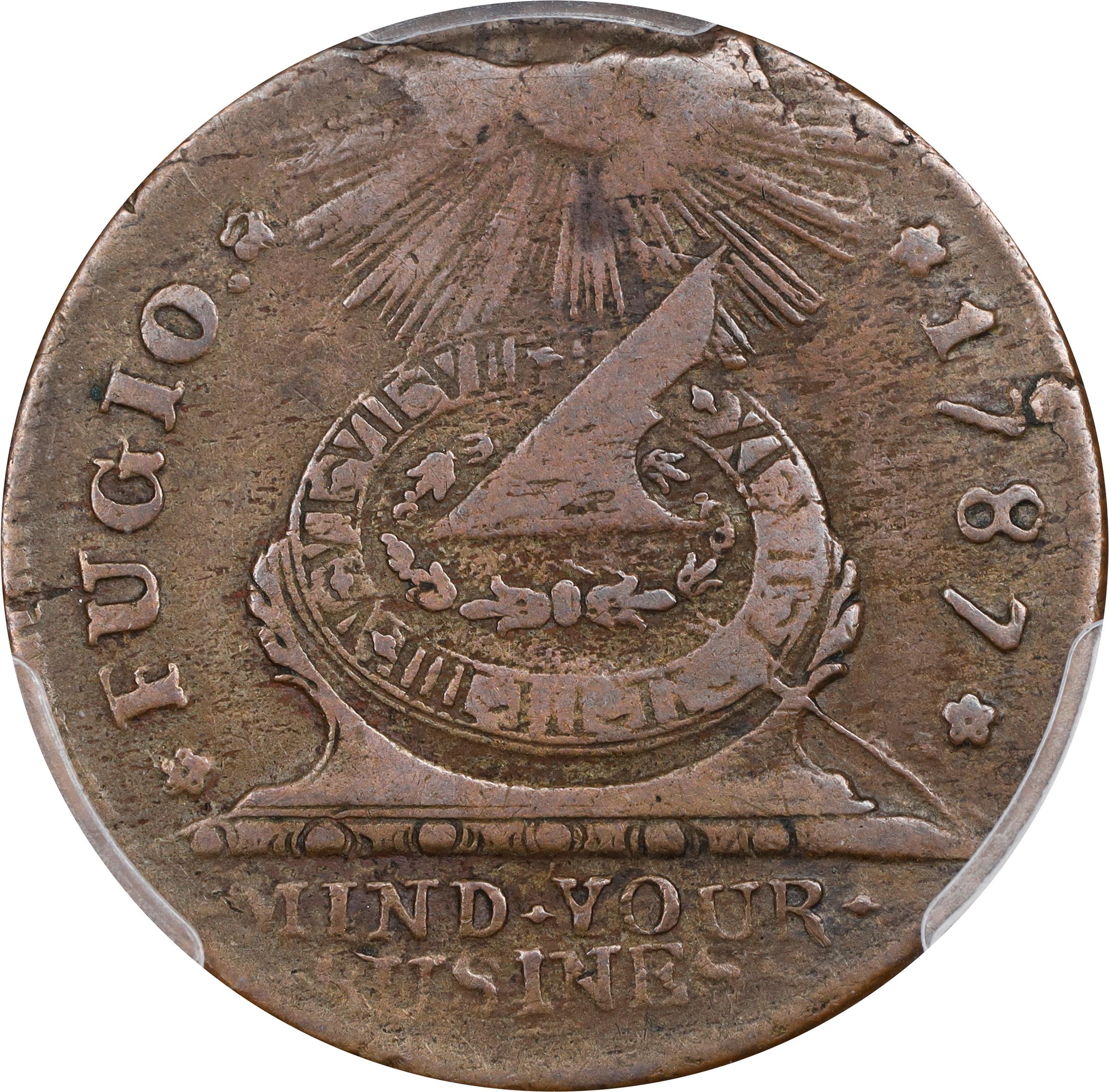 image for: 1787 Fugio Cent. Pointed Rays. Newman 15-H, W-6890. Rarity-4. UNITED STATES, 4 Cinquefoils. VF-35 (PCGS).