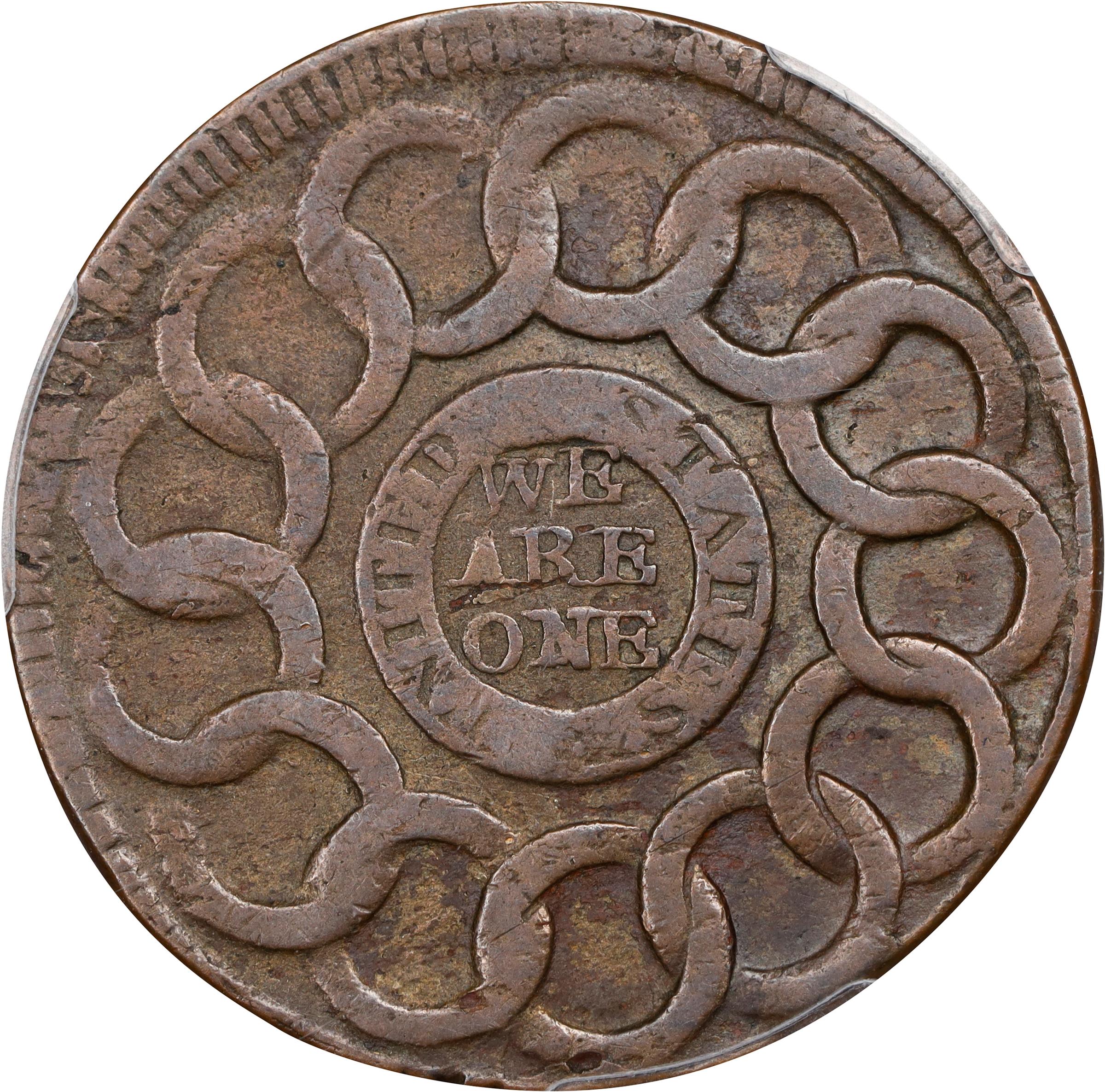 image for: 1787 Fugio Cent. Pointed Rays. Newman 15-H, W-6890. Rarity-4. UNITED STATES, 4 Cinquefoils. VF-35 (PCGS).