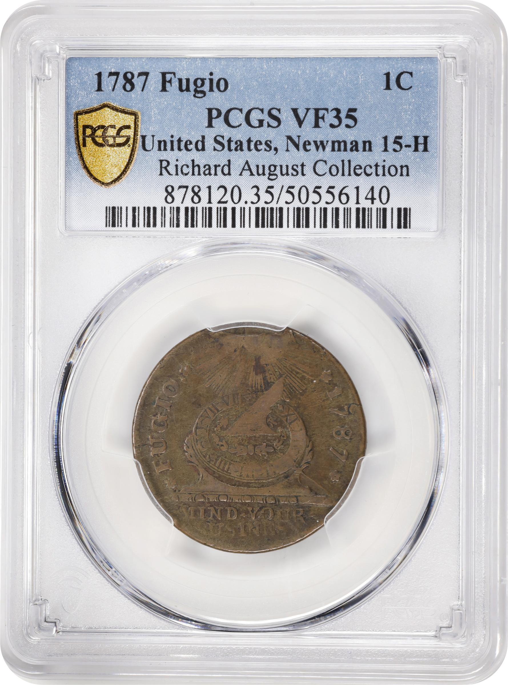 image for: 1787 Fugio Cent. Pointed Rays. Newman 15-H, W-6890. Rarity-4. UNITED STATES, 4 Cinquefoils. VF-35 (PCGS).