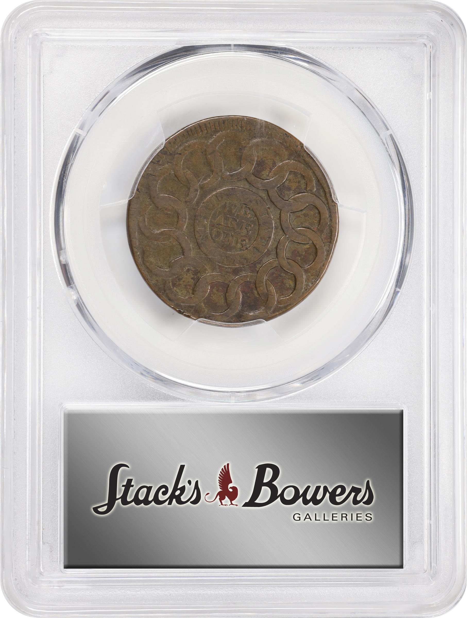 image for: 1787 Fugio Cent. Pointed Rays. Newman 15-H, W-6890. Rarity-4. UNITED STATES, 4 Cinquefoils. VF-35 (PCGS).