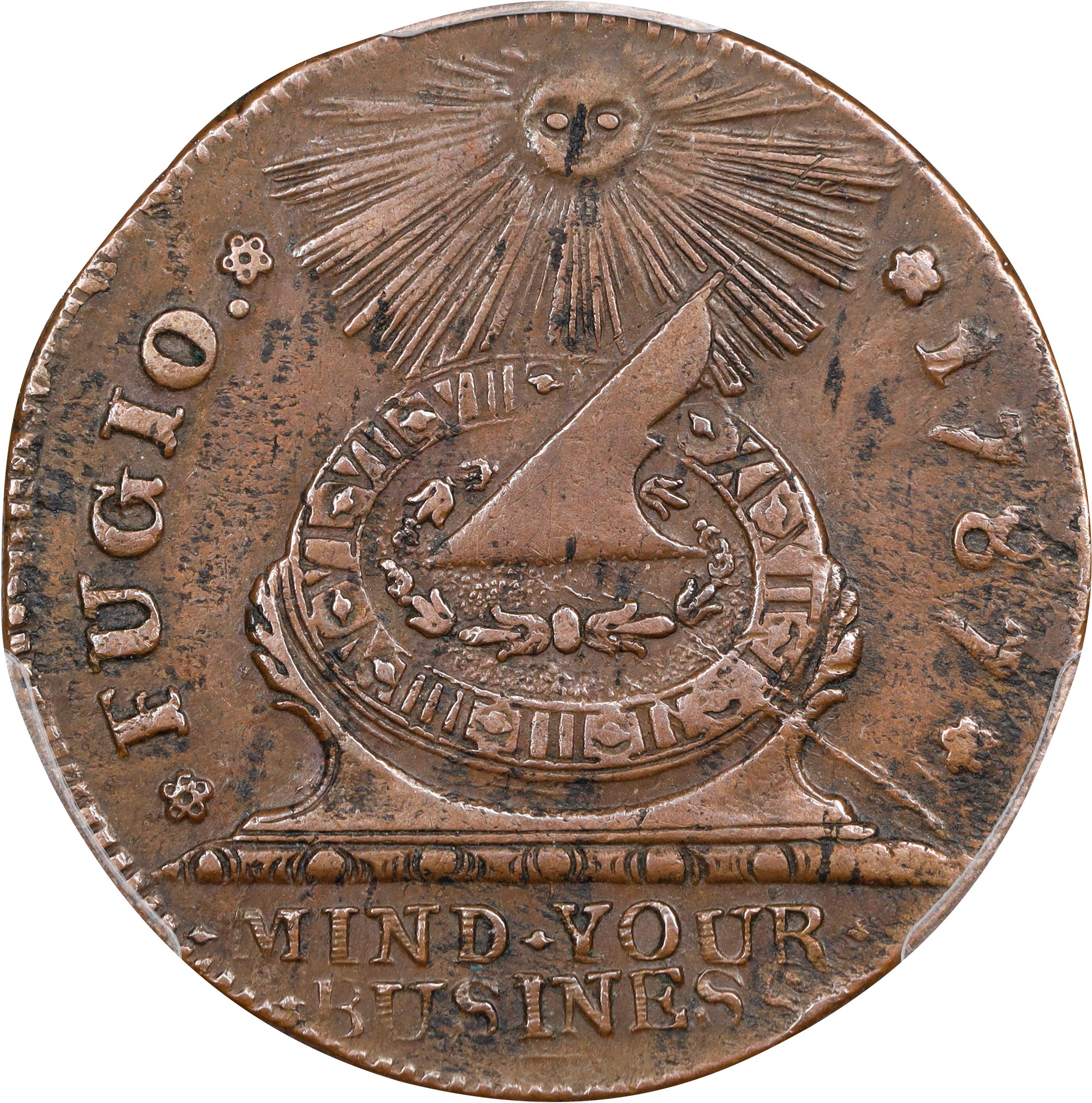 image for: 1787 Fugio Cent. Pointed Rays. Newman 15-K, W-6900. Rarity-5+. STATES UNITED, 4 Cinquefoils. EF-45 (PCGS).