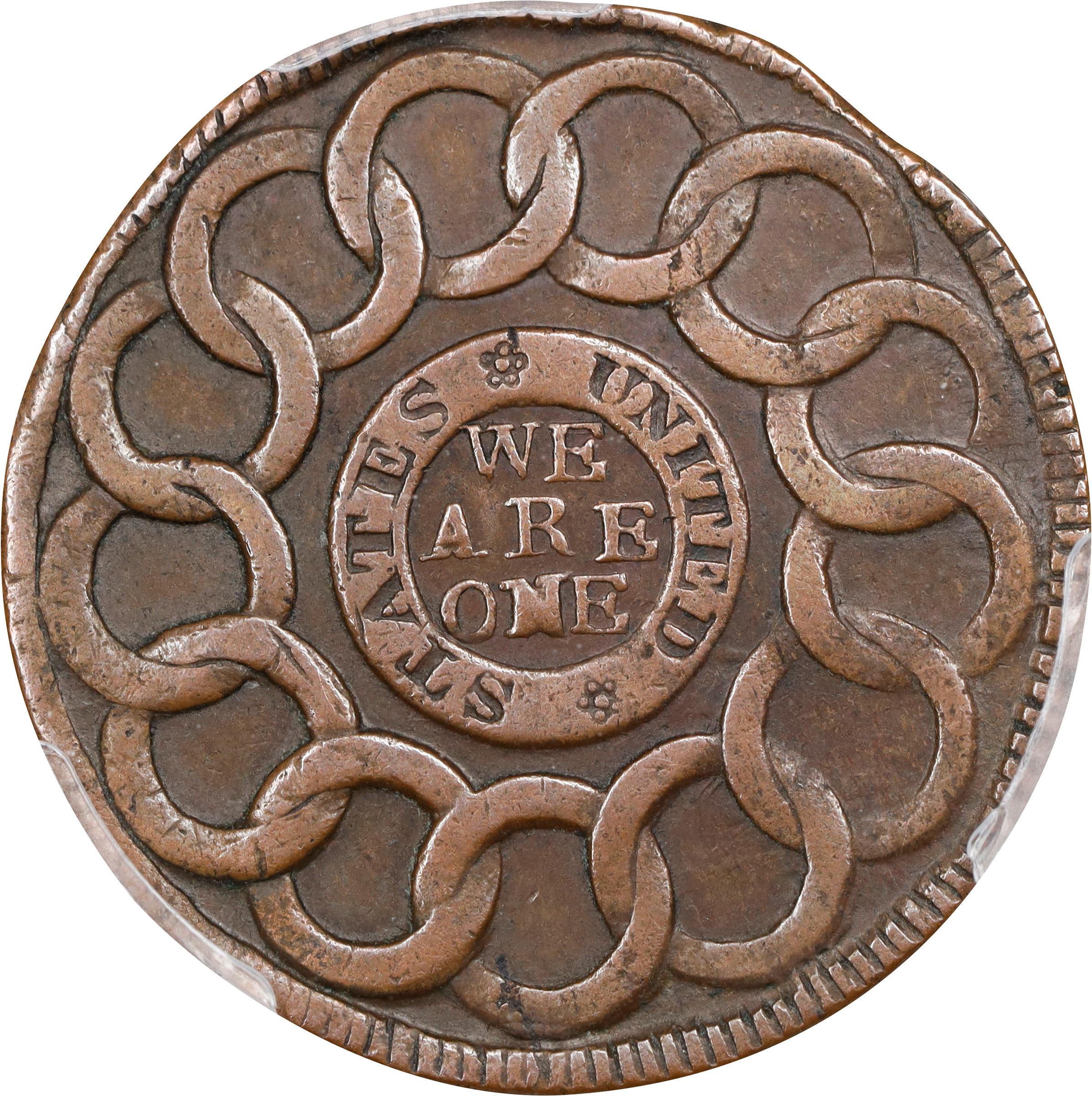 image for: 1787 Fugio Cent. Pointed Rays. Newman 15-K, W-6900. Rarity-5+. STATES UNITED, 4 Cinquefoils. EF-45 (PCGS).