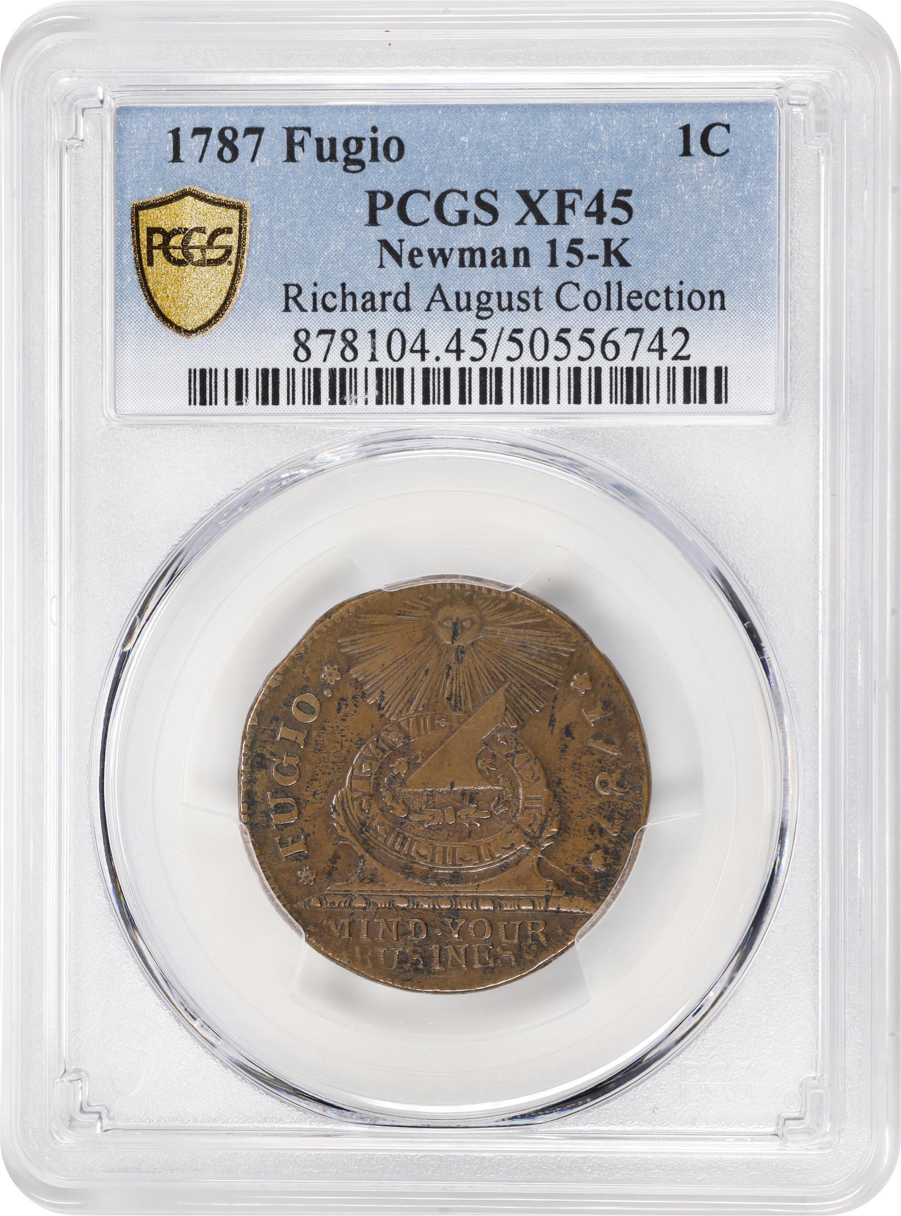 image for: 1787 Fugio Cent. Pointed Rays. Newman 15-K, W-6900. Rarity-5+. STATES UNITED, 4 Cinquefoils. EF-45 (PCGS).