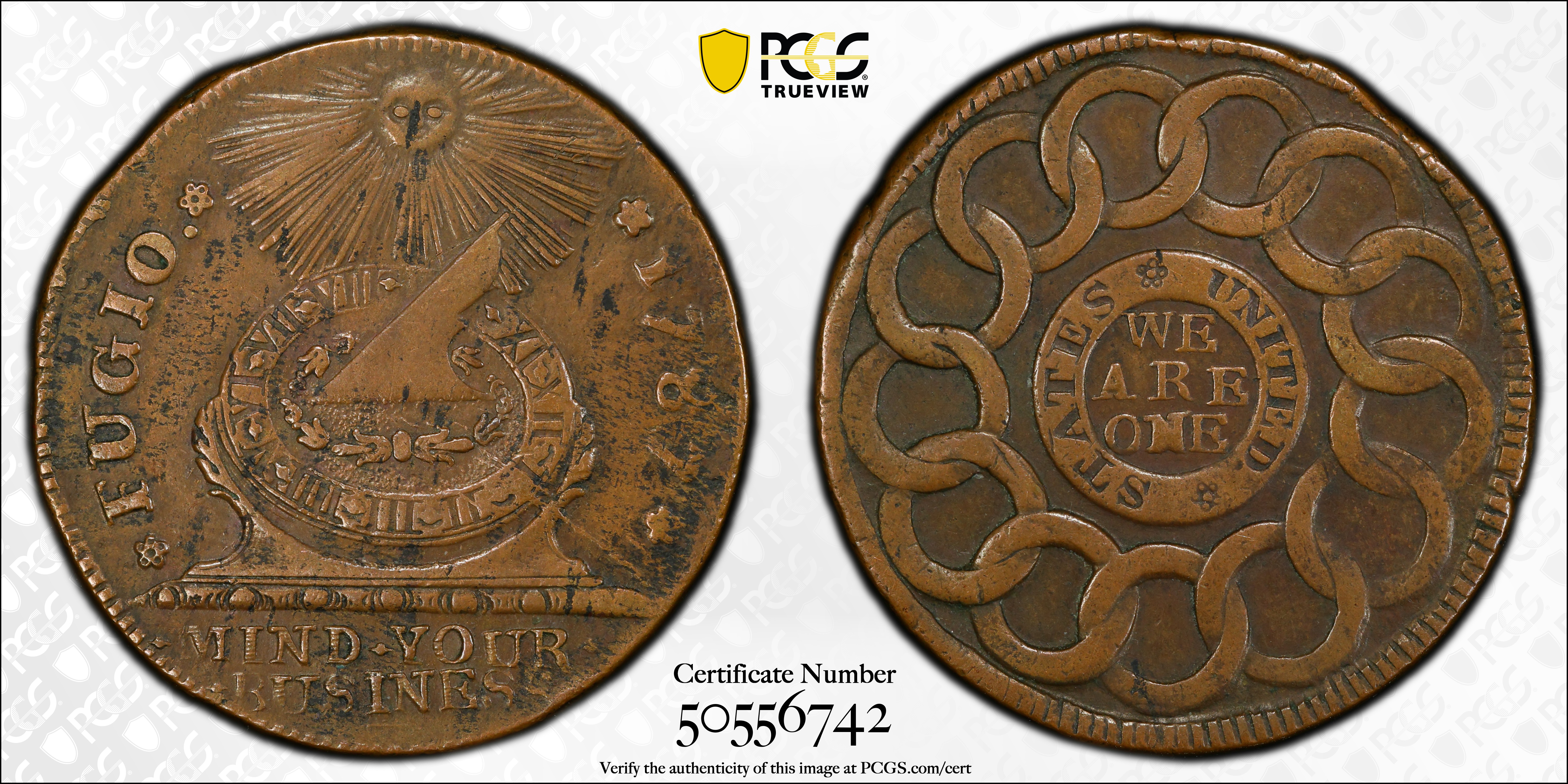 image for: 1787 Fugio Cent. Pointed Rays. Newman 15-K, W-6900. Rarity-5+. STATES UNITED, 4 Cinquefoils. EF-45 (PCGS).