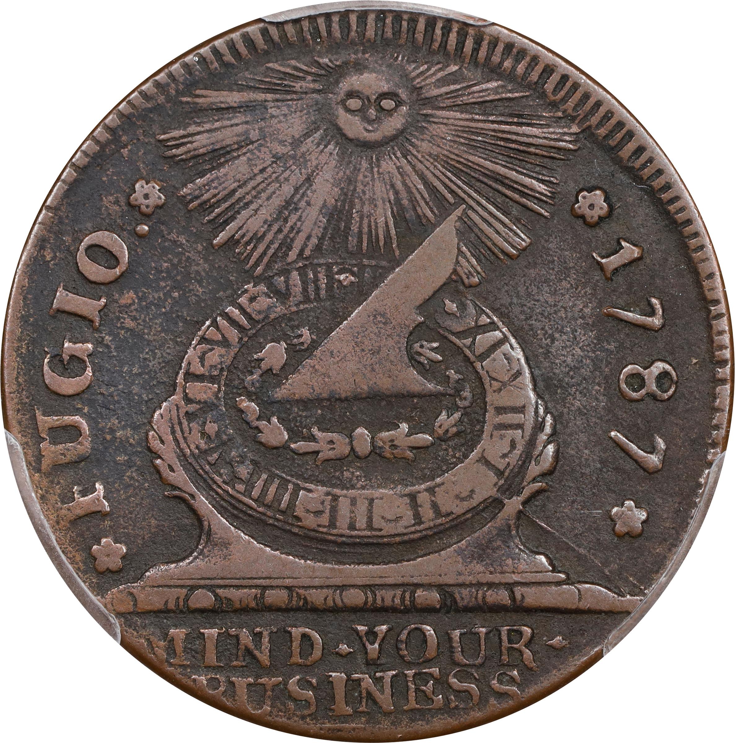 image for: 1787 Fugio Cent. Pointed Rays. Newman 15-V, W-6910. Rarity-5. STATES UNITED, 4 Cinquefoils. EF-40 (PCGS).