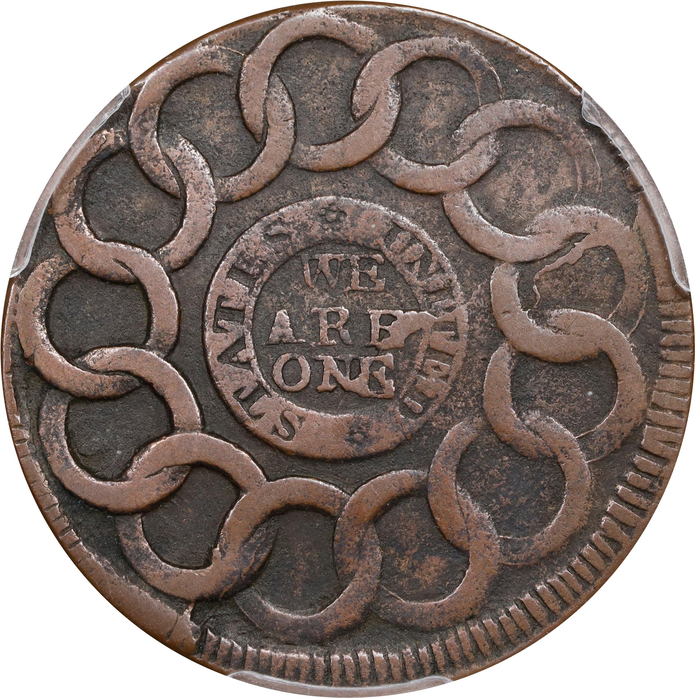 image for: 1787 Fugio Cent. Pointed Rays. Newman 15-V, W-6910. Rarity-5. STATES UNITED, 4 Cinquefoils. EF-40 (PCGS).