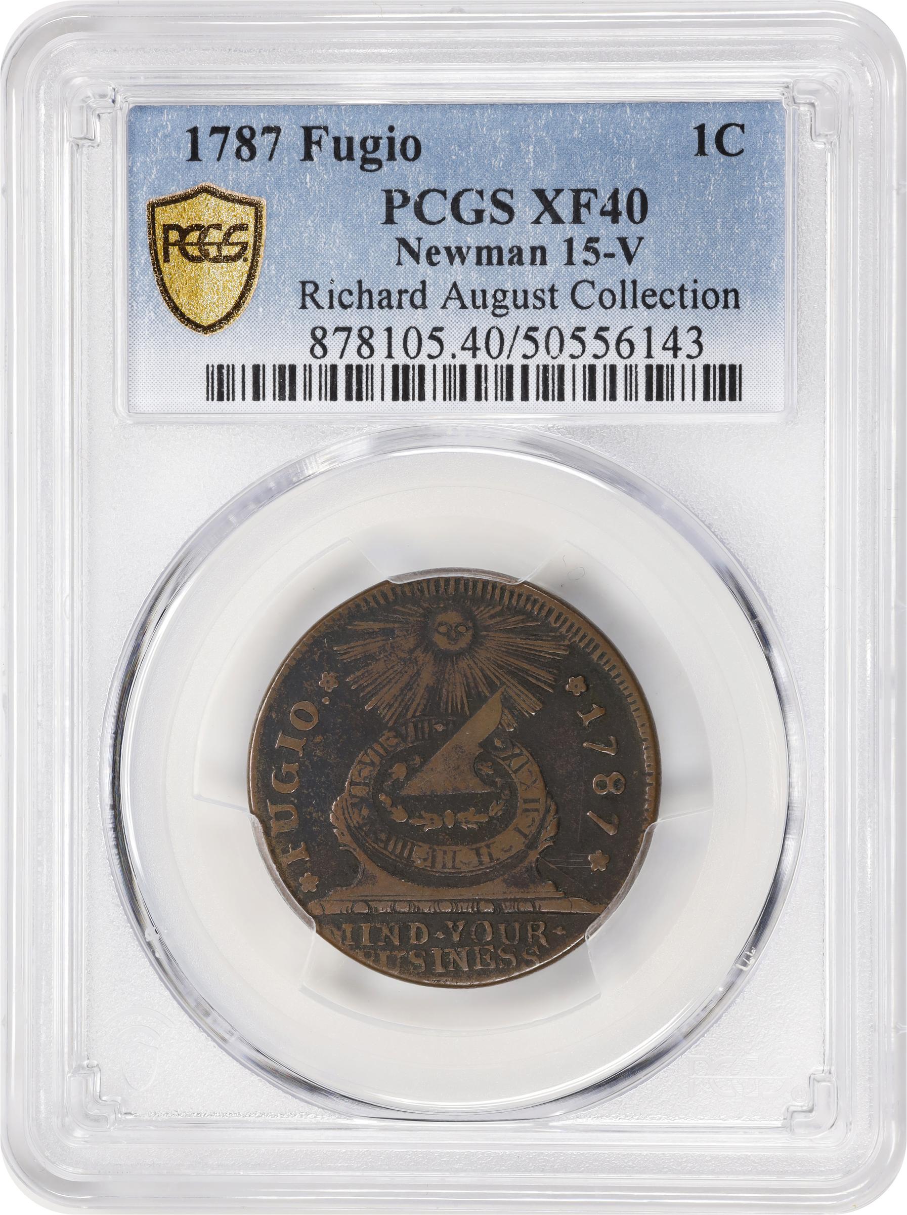 image for: 1787 Fugio Cent. Pointed Rays. Newman 15-V, W-6910. Rarity-5. STATES UNITED, 4 Cinquefoils. EF-40 (PCGS).