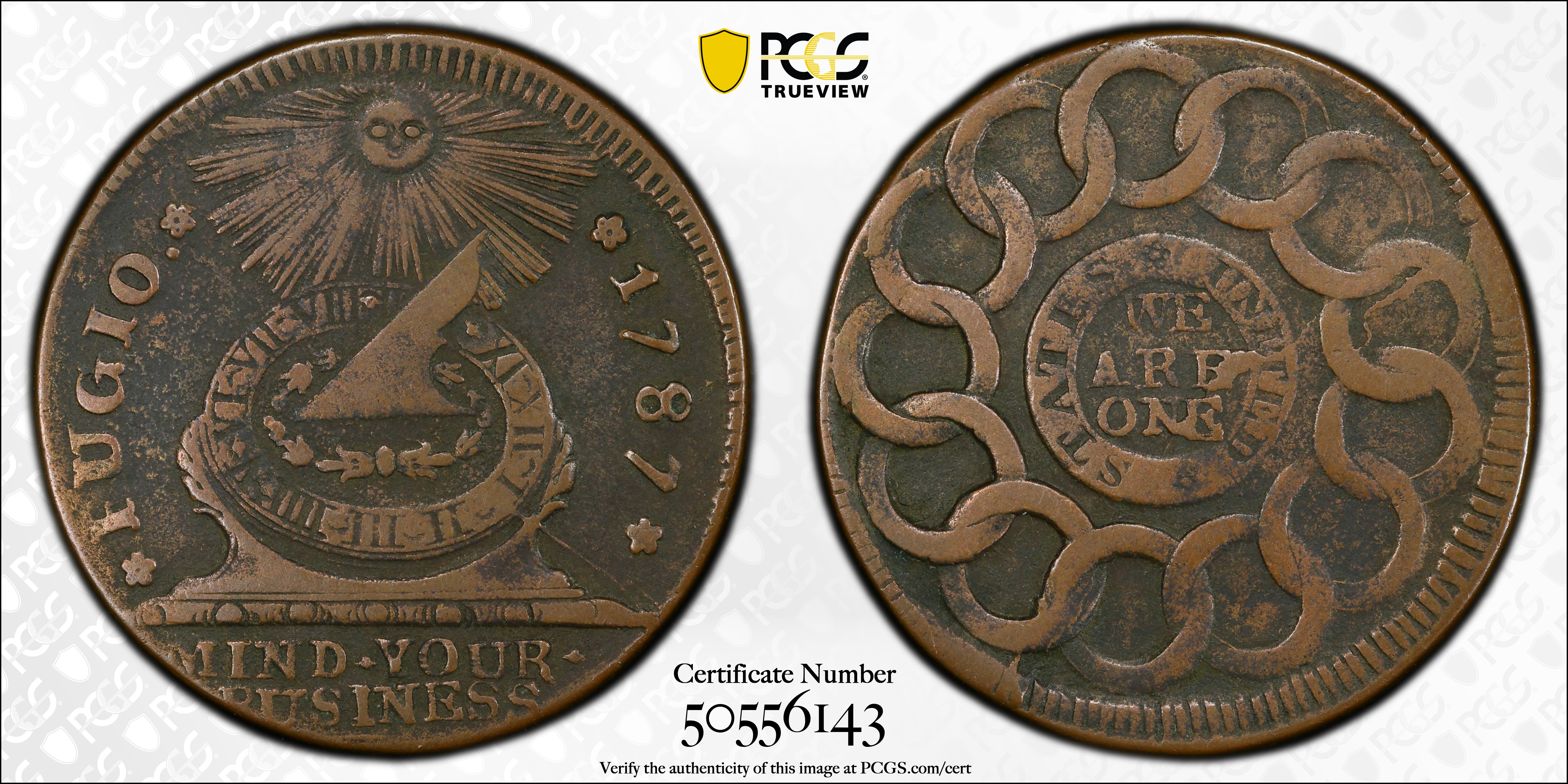 image for: 1787 Fugio Cent. Pointed Rays. Newman 15-V, W-6910. Rarity-5. STATES UNITED, 4 Cinquefoils. EF-40 (PCGS).