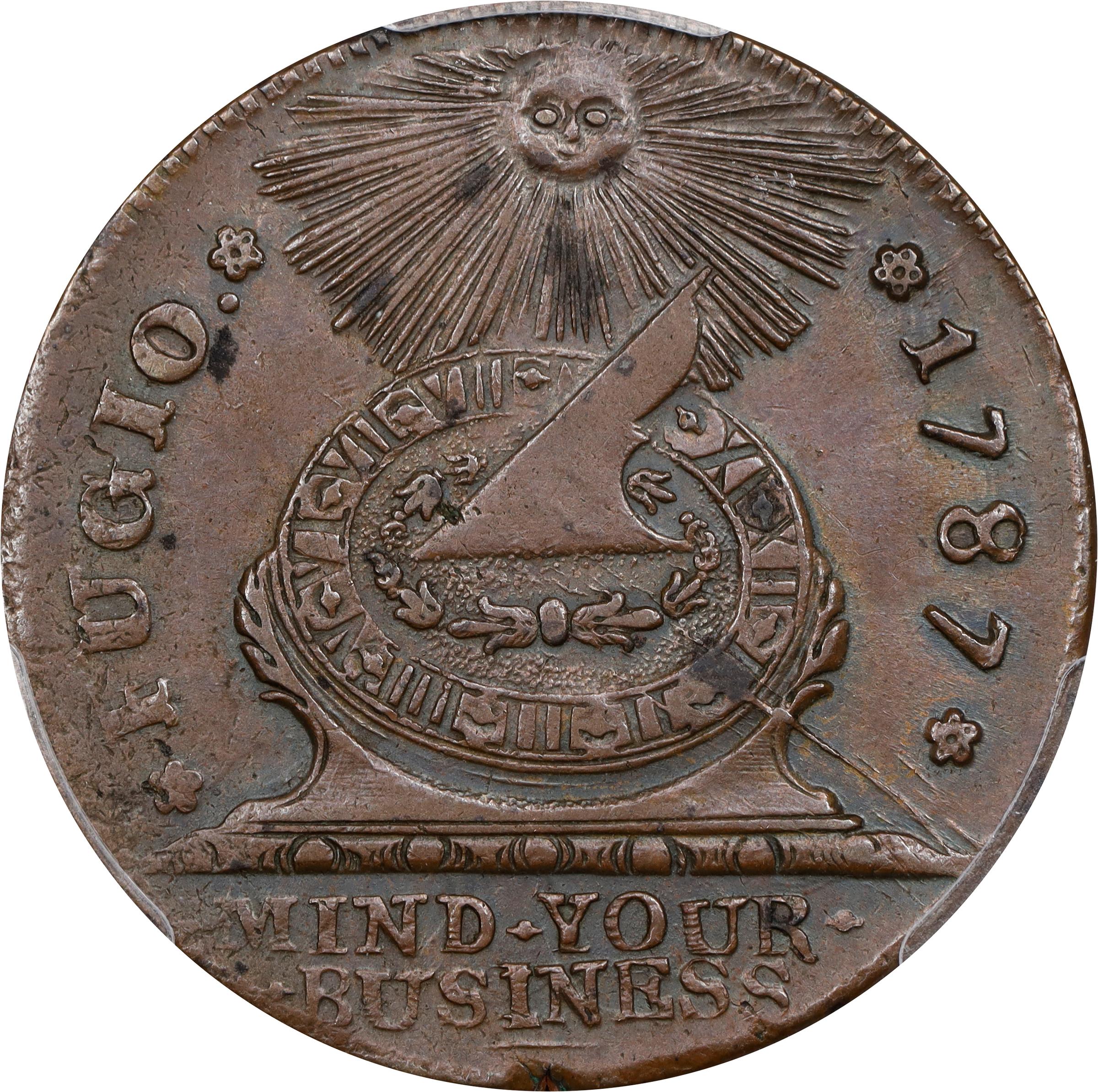 image for: 1787 Fugio Cent. Pointed Rays. Newman 15-Y, W-6915. Rarity-2. STATES UNITED, 8-Pointed Stars on Label. AU-53 (PCGS).
