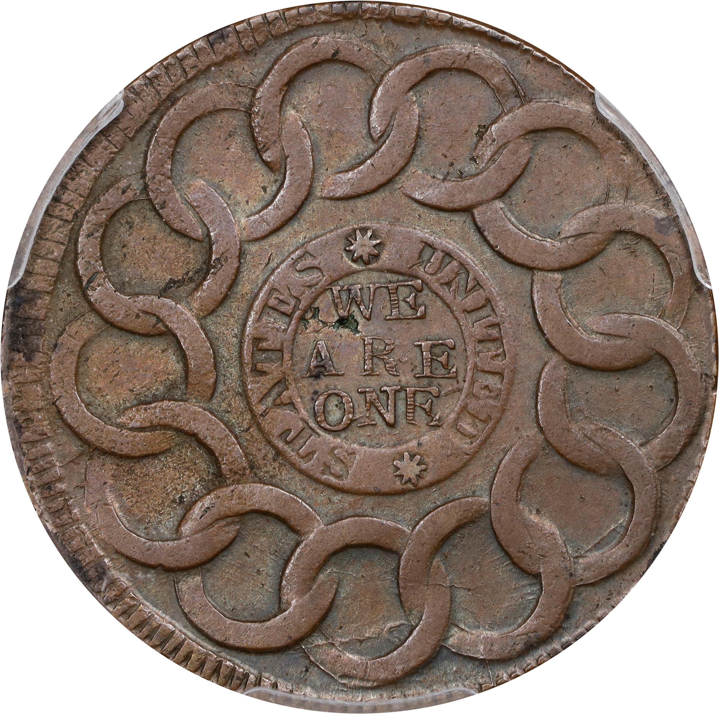 image for: 1787 Fugio Cent. Pointed Rays. Newman 15-Y, W-6915. Rarity-2. STATES UNITED, 8-Pointed Stars on Label. AU-53 (PCGS).