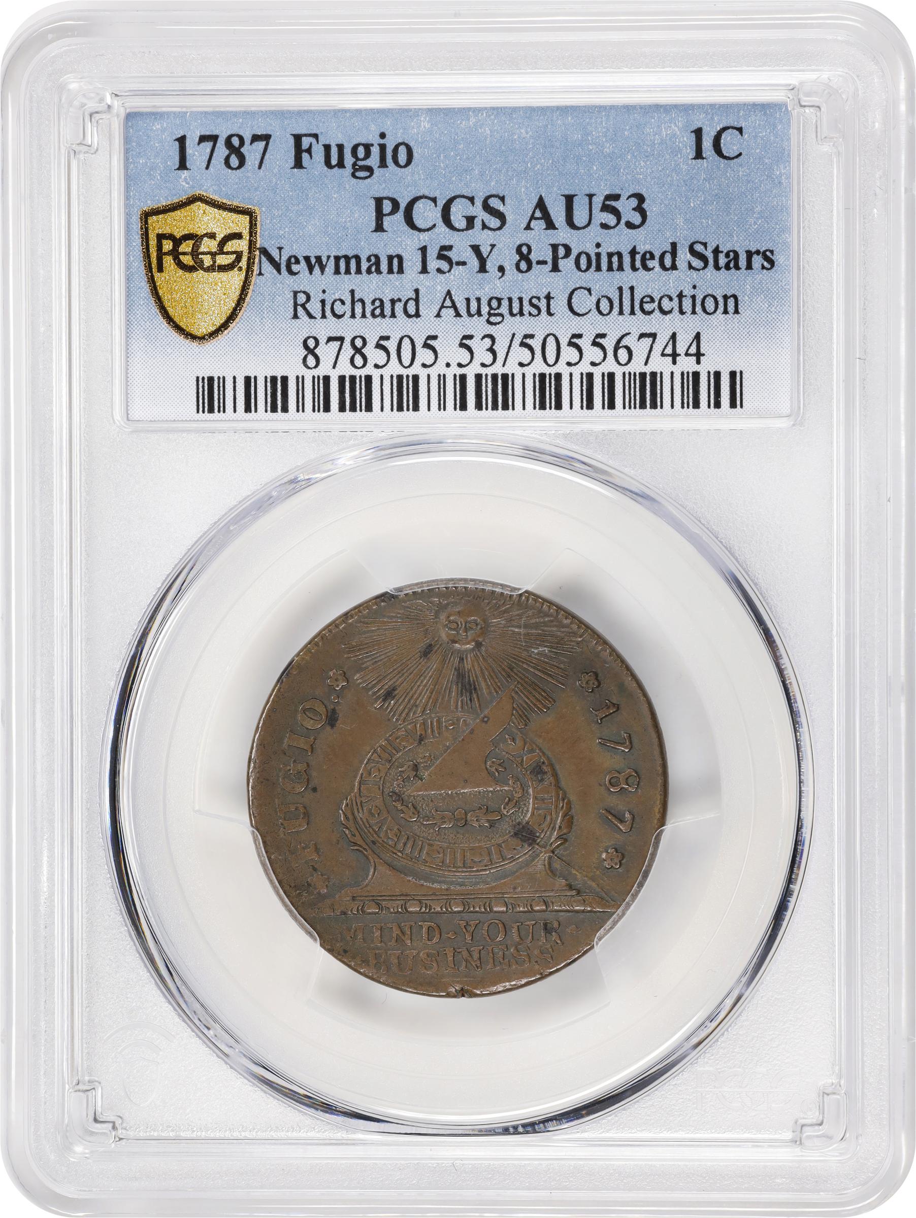 image for: 1787 Fugio Cent. Pointed Rays. Newman 15-Y, W-6915. Rarity-2. STATES UNITED, 8-Pointed Stars on Label. AU-53 (PCGS).