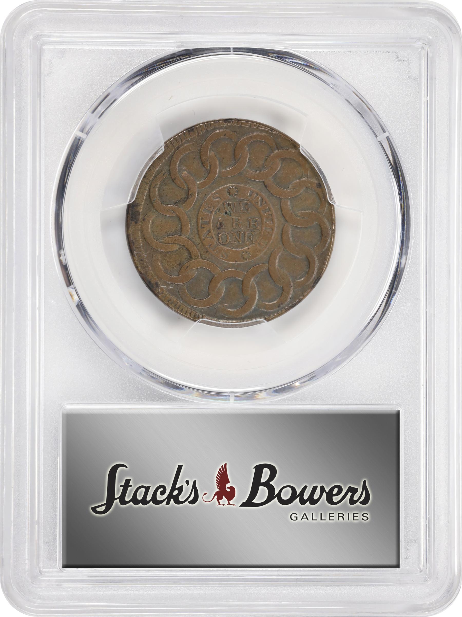 image for: 1787 Fugio Cent. Pointed Rays. Newman 15-Y, W-6915. Rarity-2. STATES UNITED, 8-Pointed Stars on Label. AU-53 (PCGS).