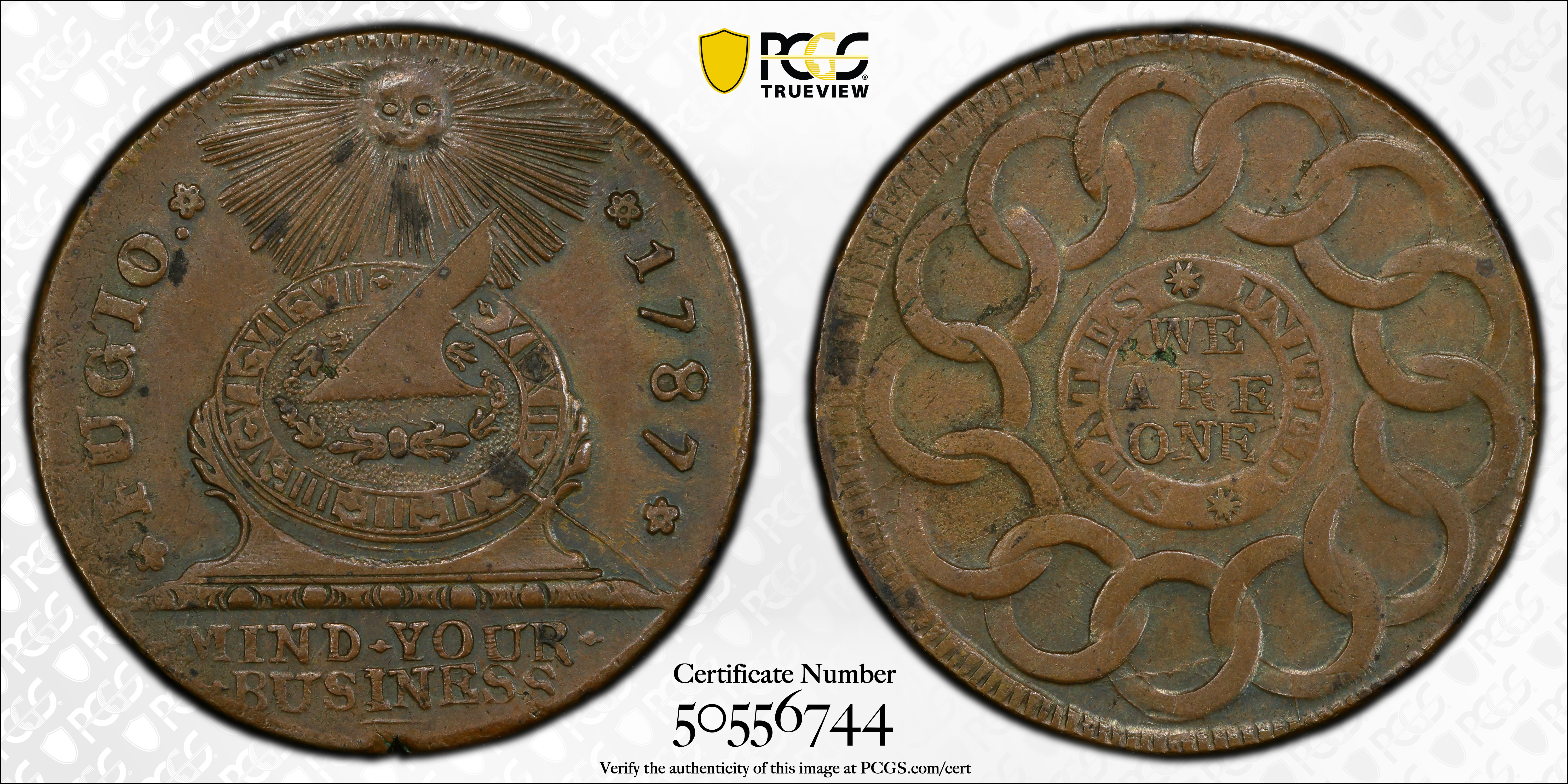 image for: 1787 Fugio Cent. Pointed Rays. Newman 15-Y, W-6915. Rarity-2. STATES UNITED, 8-Pointed Stars on Label. AU-53 (PCGS).