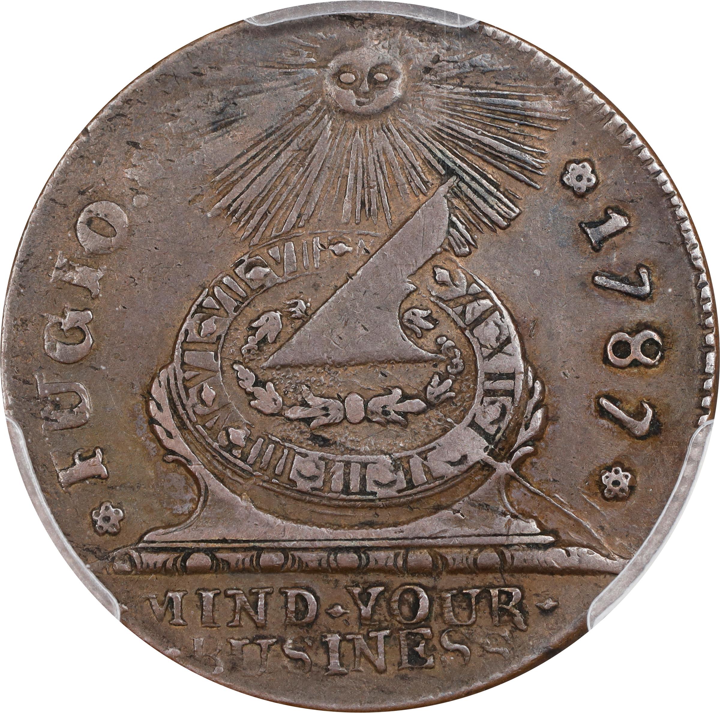 image for: 1787 Fugio Cent. Pointed Rays. Newman 15-Y, W-6915. Rarity-2. STATES UNITED, 8-Pointed Stars on Label. EF-45 (PCGS).