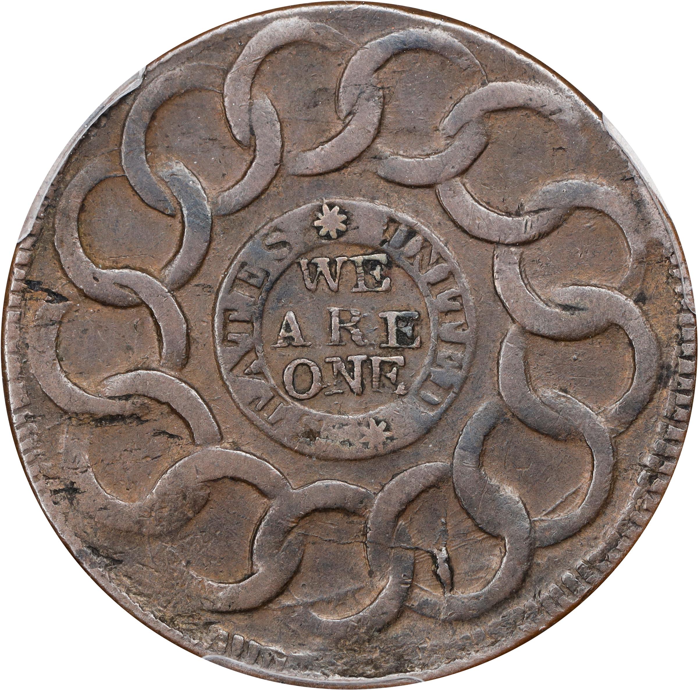 image for: 1787 Fugio Cent. Pointed Rays. Newman 15-Y, W-6915. Rarity-2. STATES UNITED, 8-Pointed Stars on Label. EF-45 (PCGS).