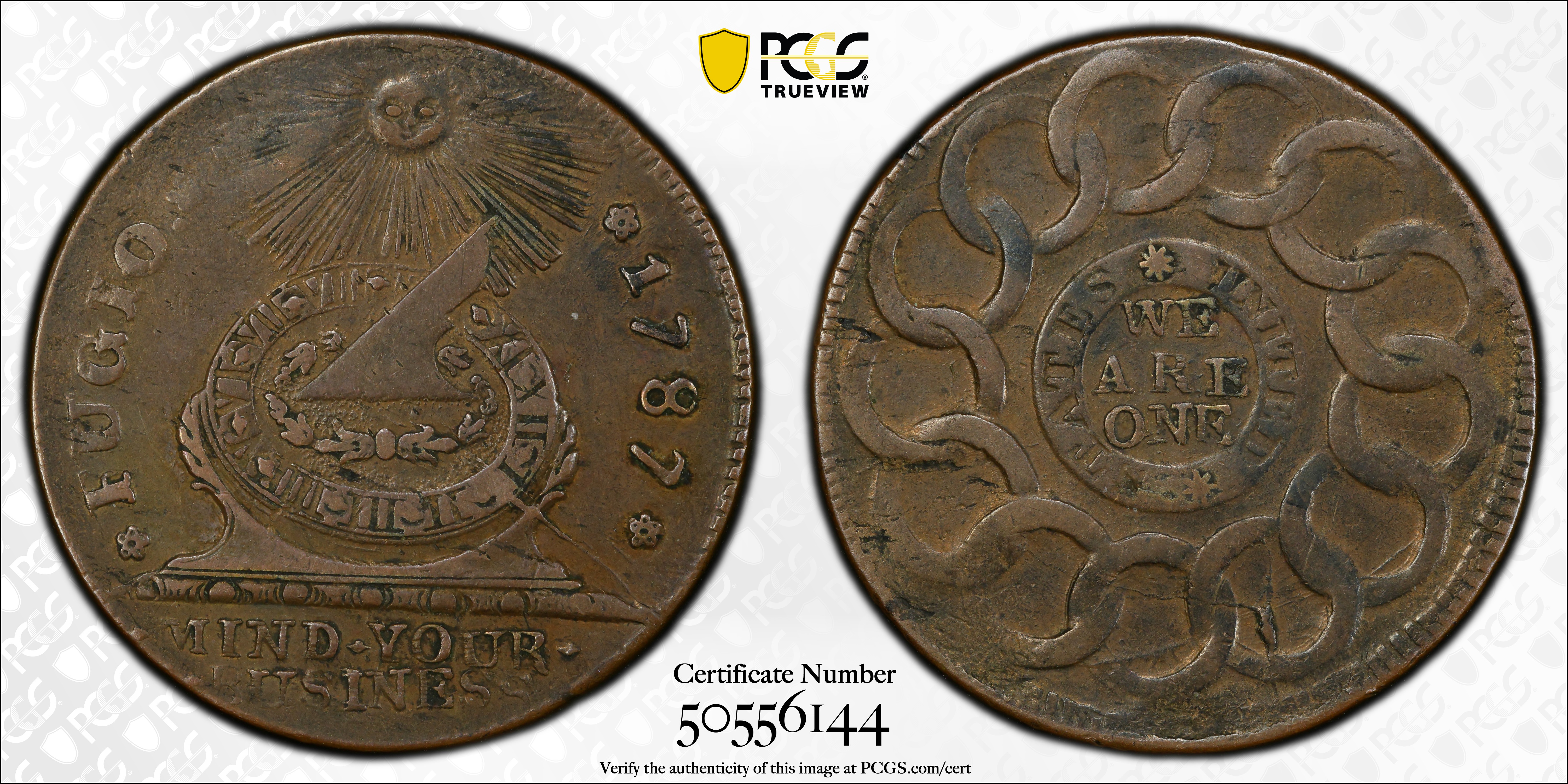 image for: 1787 Fugio Cent. Pointed Rays. Newman 15-Y, W-6915. Rarity-2. STATES UNITED, 8-Pointed Stars on Label. EF-45 (PCGS).