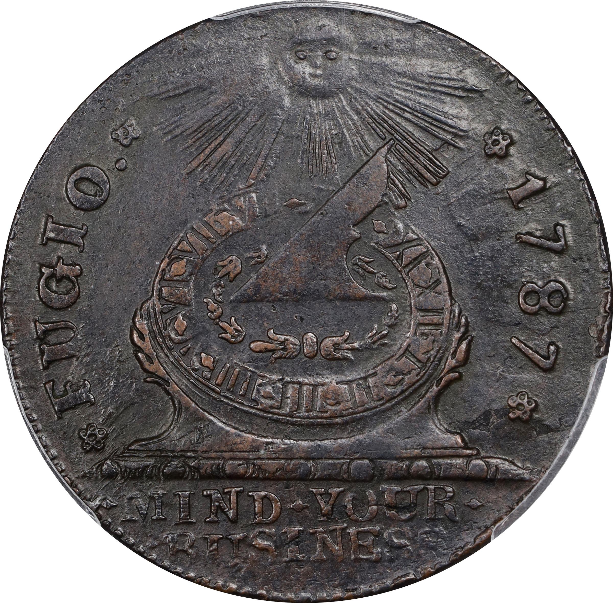 image for: 1787 Fugio Cent. Pointed Rays. Newman 16-H, W-6920. Rarity-5-. UNITED STATES, 4 Cinquefoils. AU-55 (PCGS).