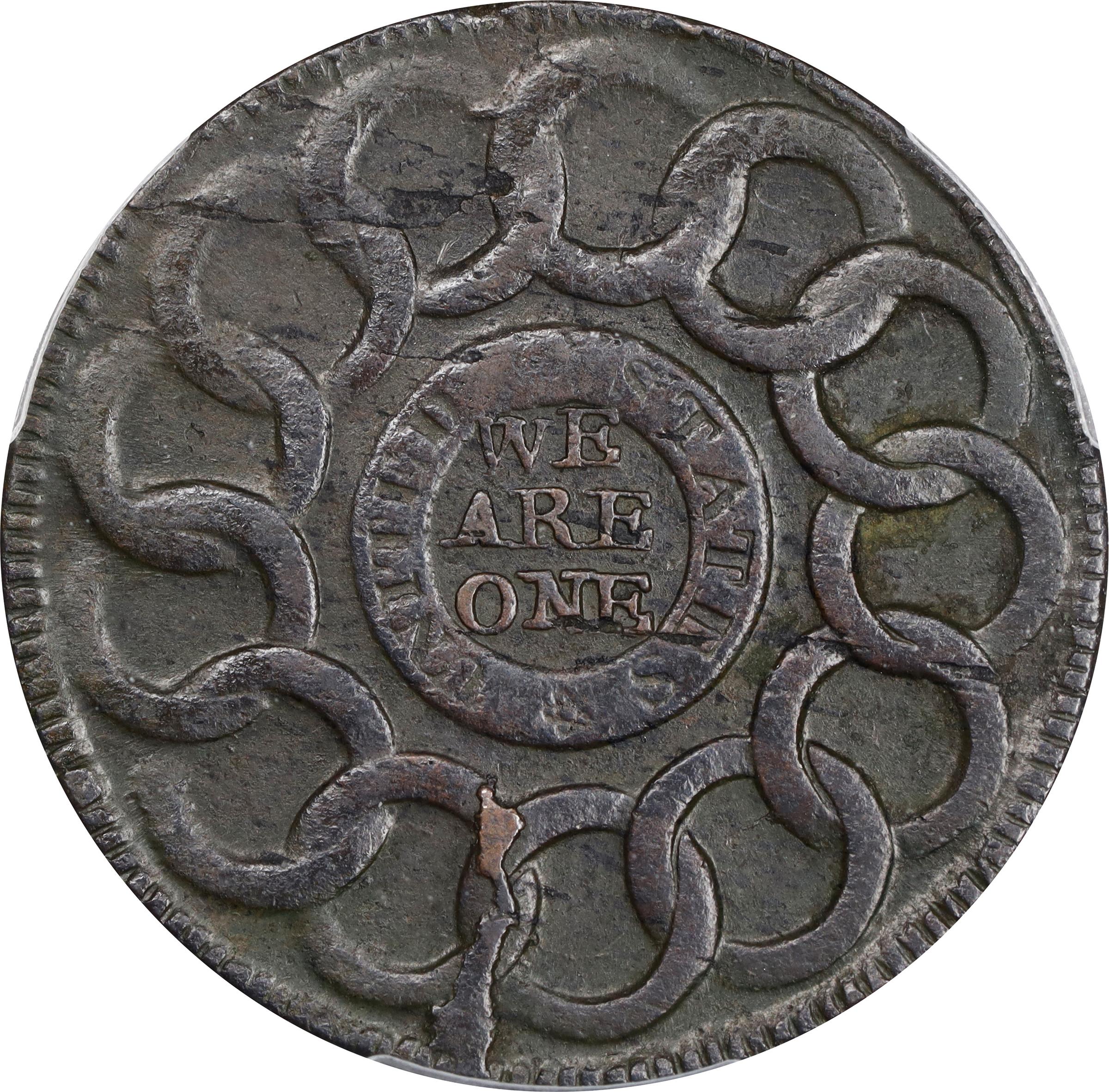 image for: 1787 Fugio Cent. Pointed Rays. Newman 16-H, W-6920. Rarity-5-. UNITED STATES, 4 Cinquefoils. AU-55 (PCGS).