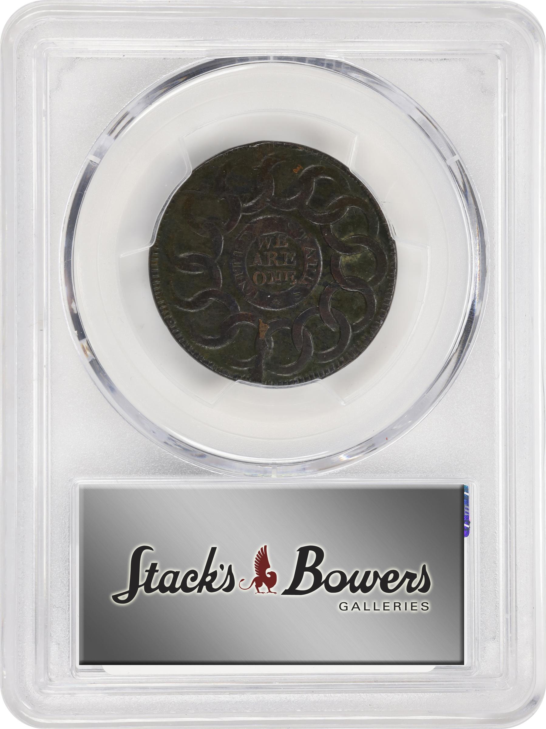 image for: 1787 Fugio Cent. Pointed Rays. Newman 16-H, W-6920. Rarity-5-. UNITED STATES, 4 Cinquefoils. AU-55 (PCGS).