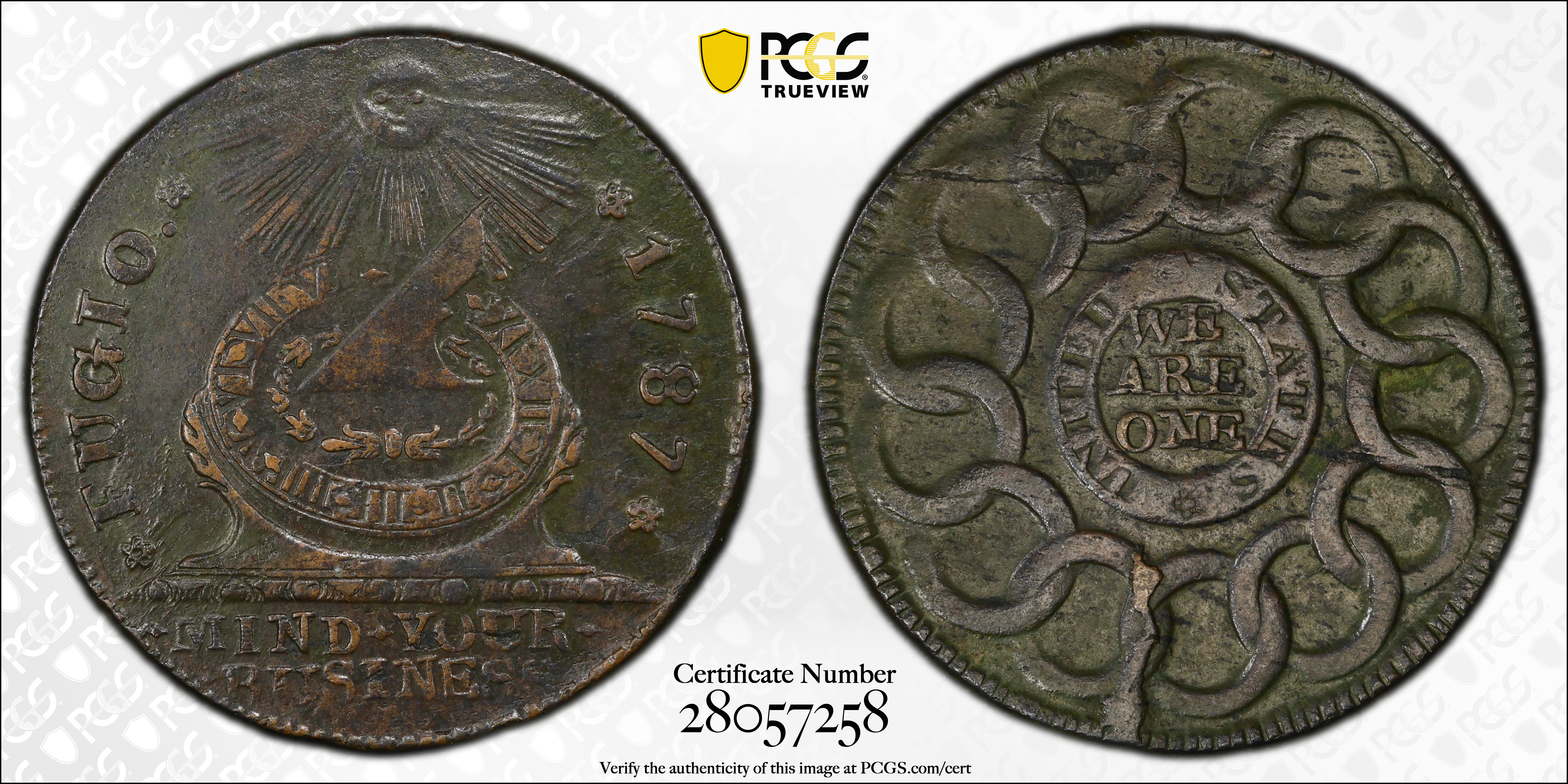 image for: 1787 Fugio Cent. Pointed Rays. Newman 16-H, W-6920. Rarity-5-. UNITED STATES, 4 Cinquefoils. AU-55 (PCGS).