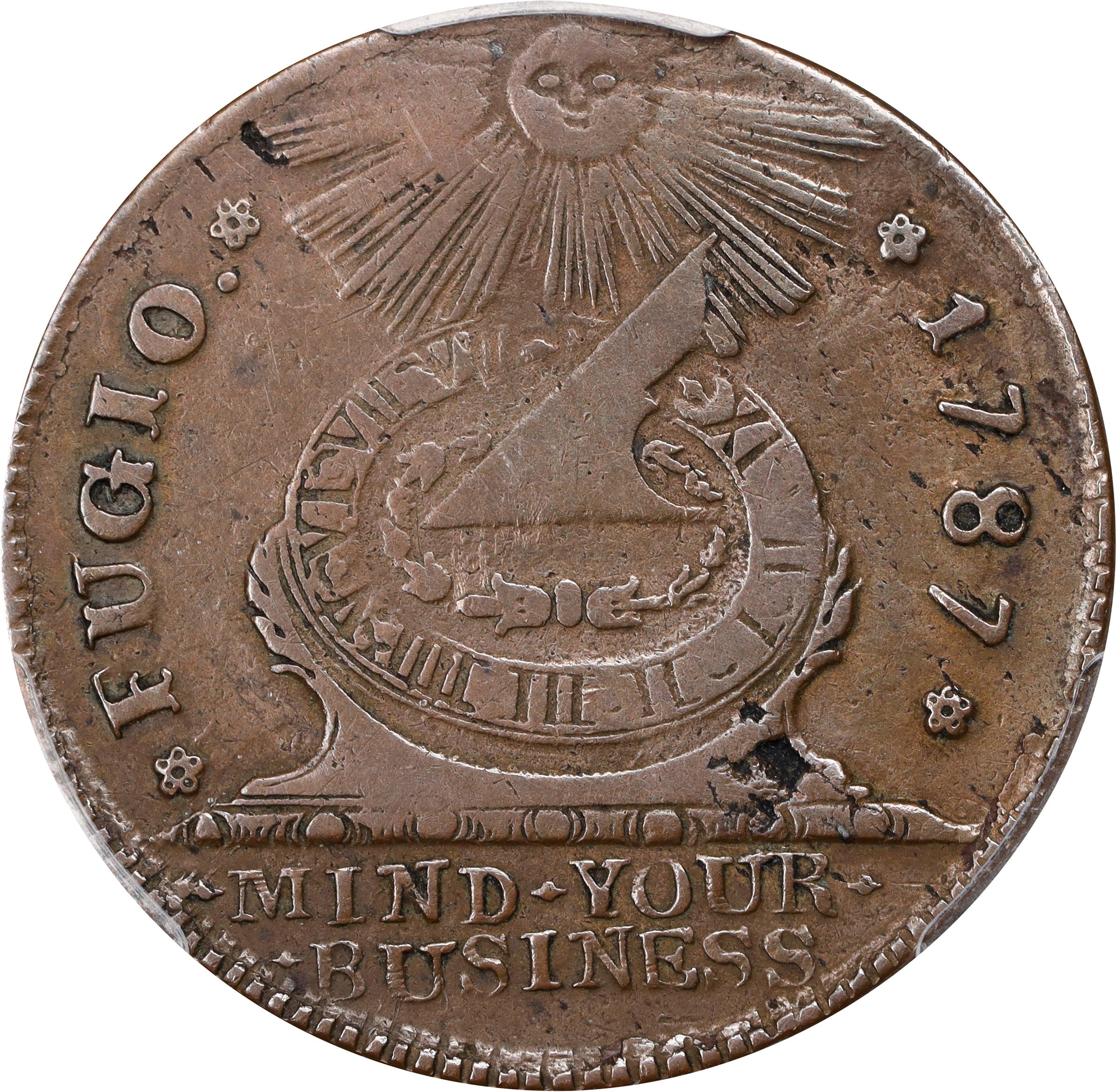 image for: 1787 Fugio Cent. Pointed Rays. Newman 16-N, W-6925. Rarity-3. STATES UNITED, 4 Cinquefoils. EF-40 (PCGS).