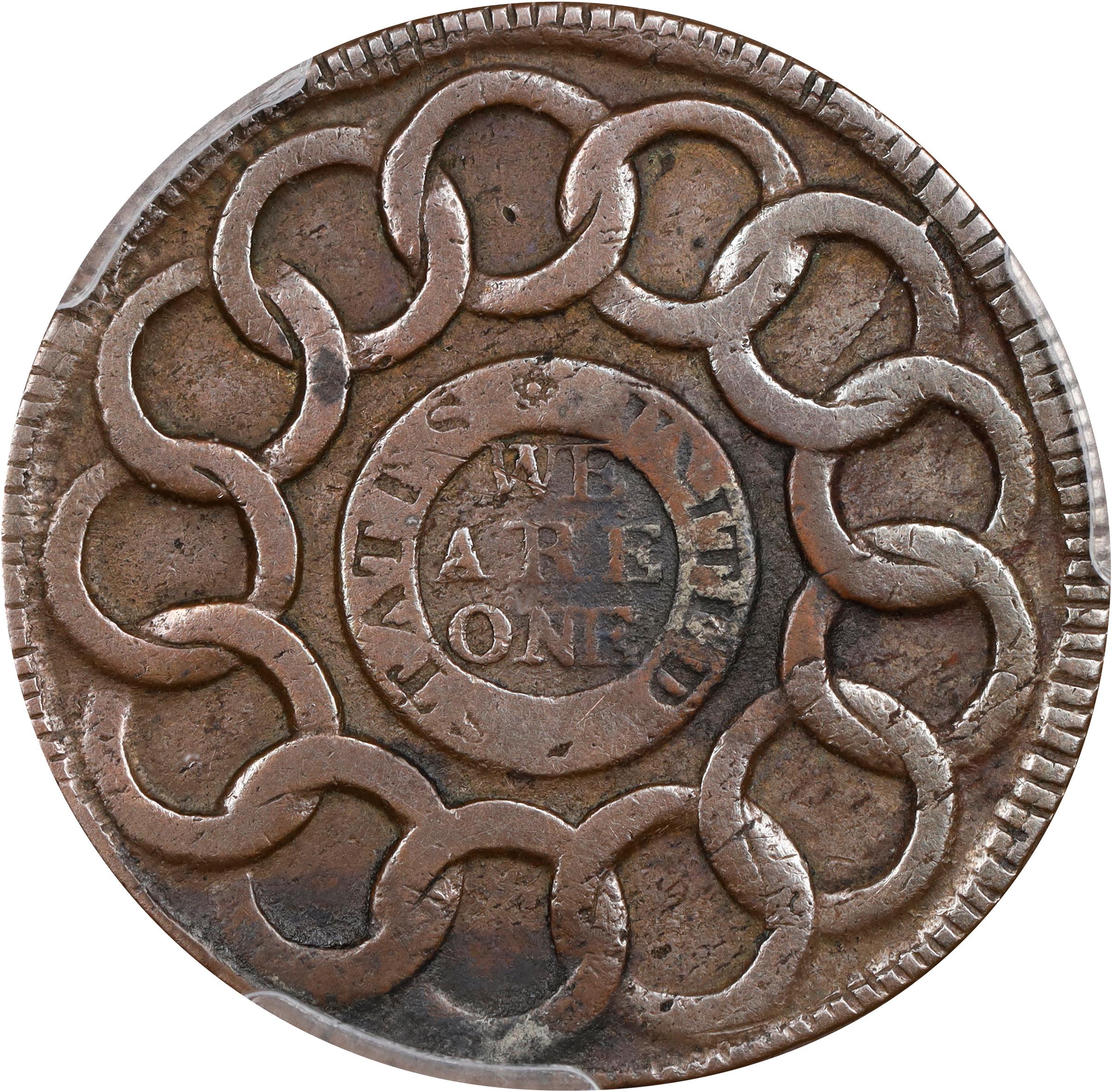 image for: 1787 Fugio Cent. Pointed Rays. Newman 16-N, W-6925. Rarity-3. STATES UNITED, 4 Cinquefoils. EF-40 (PCGS).