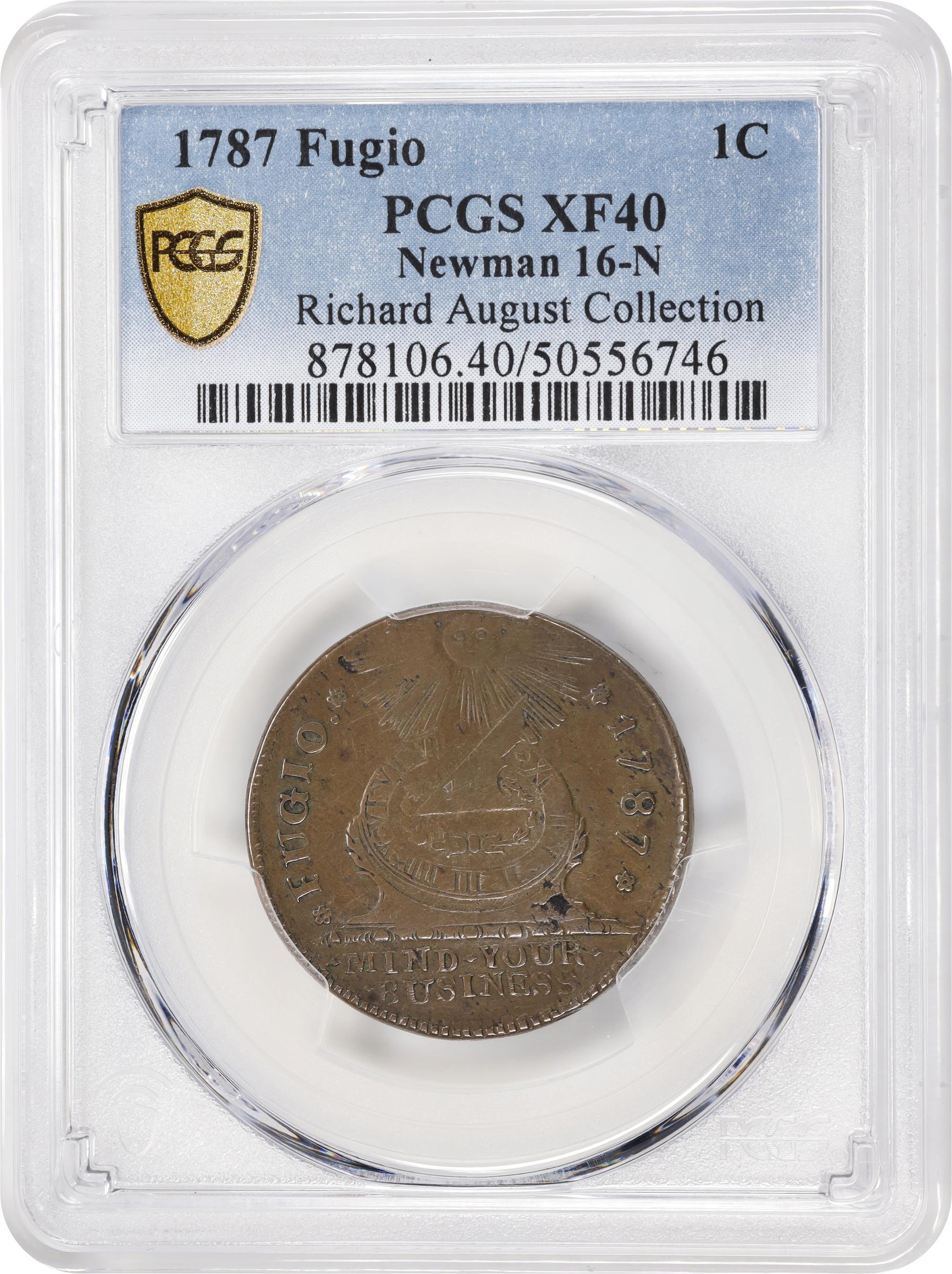 image for: 1787 Fugio Cent. Pointed Rays. Newman 16-N, W-6925. Rarity-3. STATES UNITED, 4 Cinquefoils. EF-40 (PCGS).