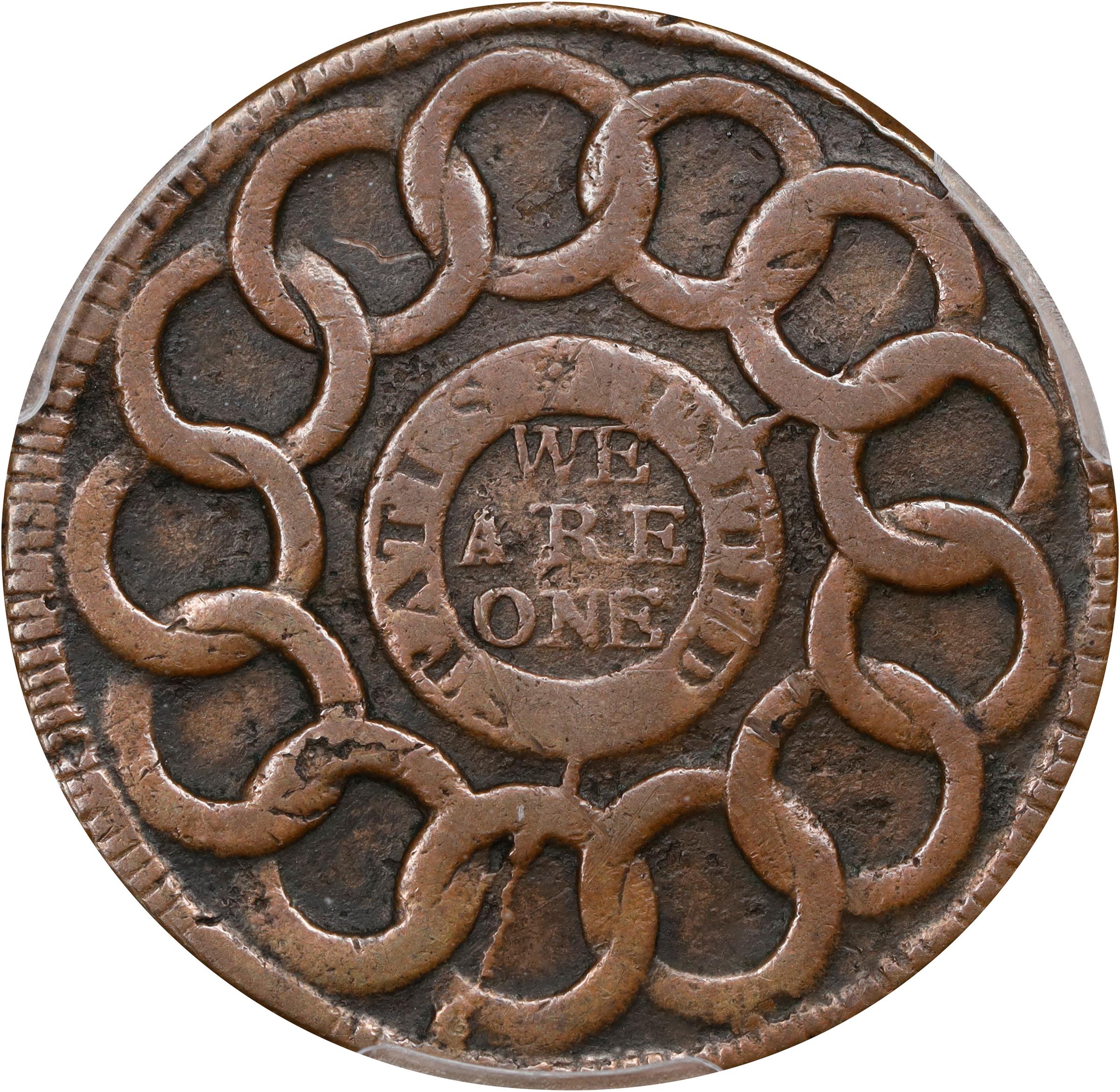 image for: 1787 Fugio Cent. Pointed Rays. Newman 16-N, W-6925. Rarity-3. STATES UNITED, 4 Cinquefoils. VF-30 (PCGS).