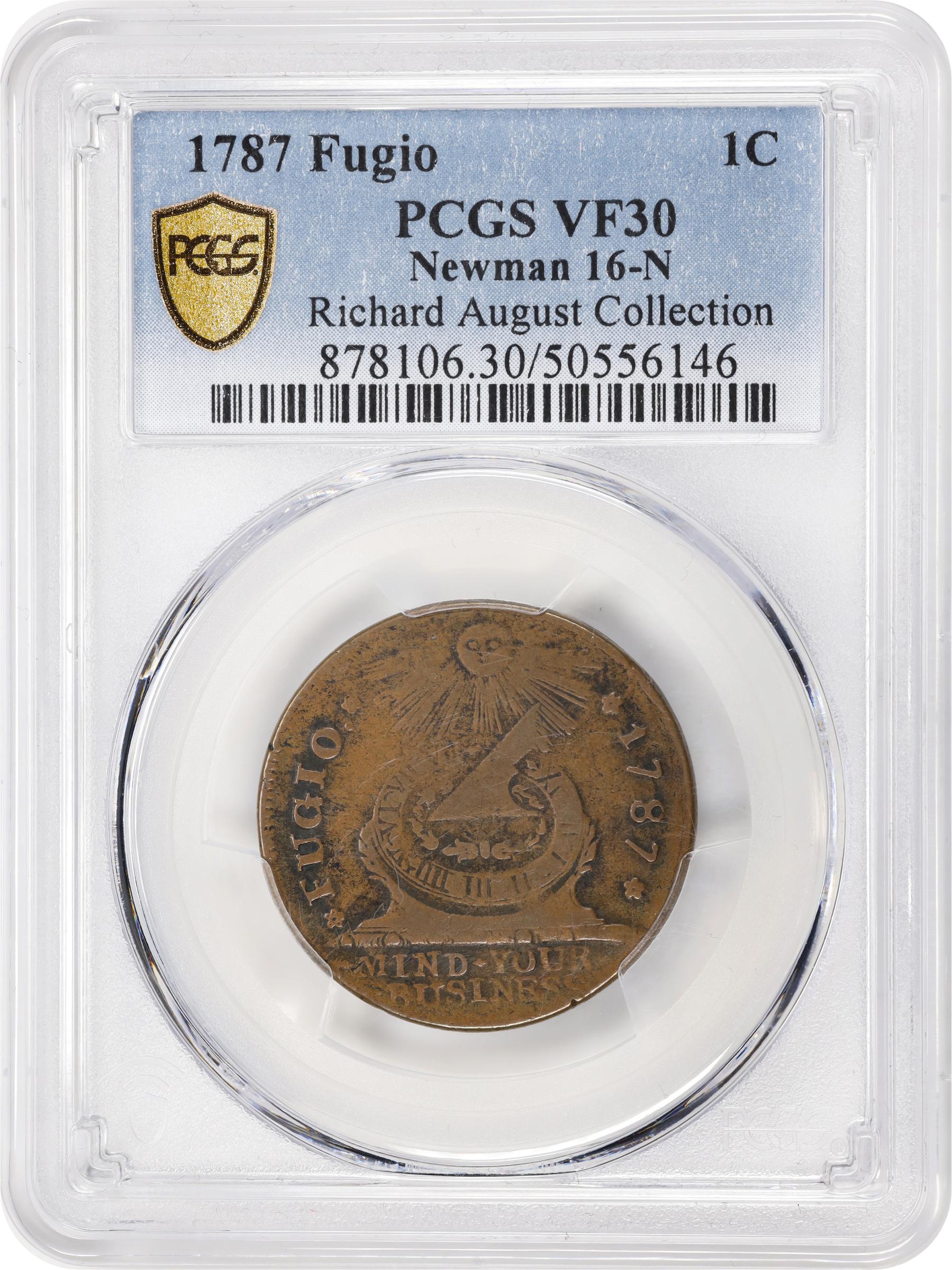 image for: 1787 Fugio Cent. Pointed Rays. Newman 16-N, W-6925. Rarity-3. STATES UNITED, 4 Cinquefoils. VF-30 (PCGS).