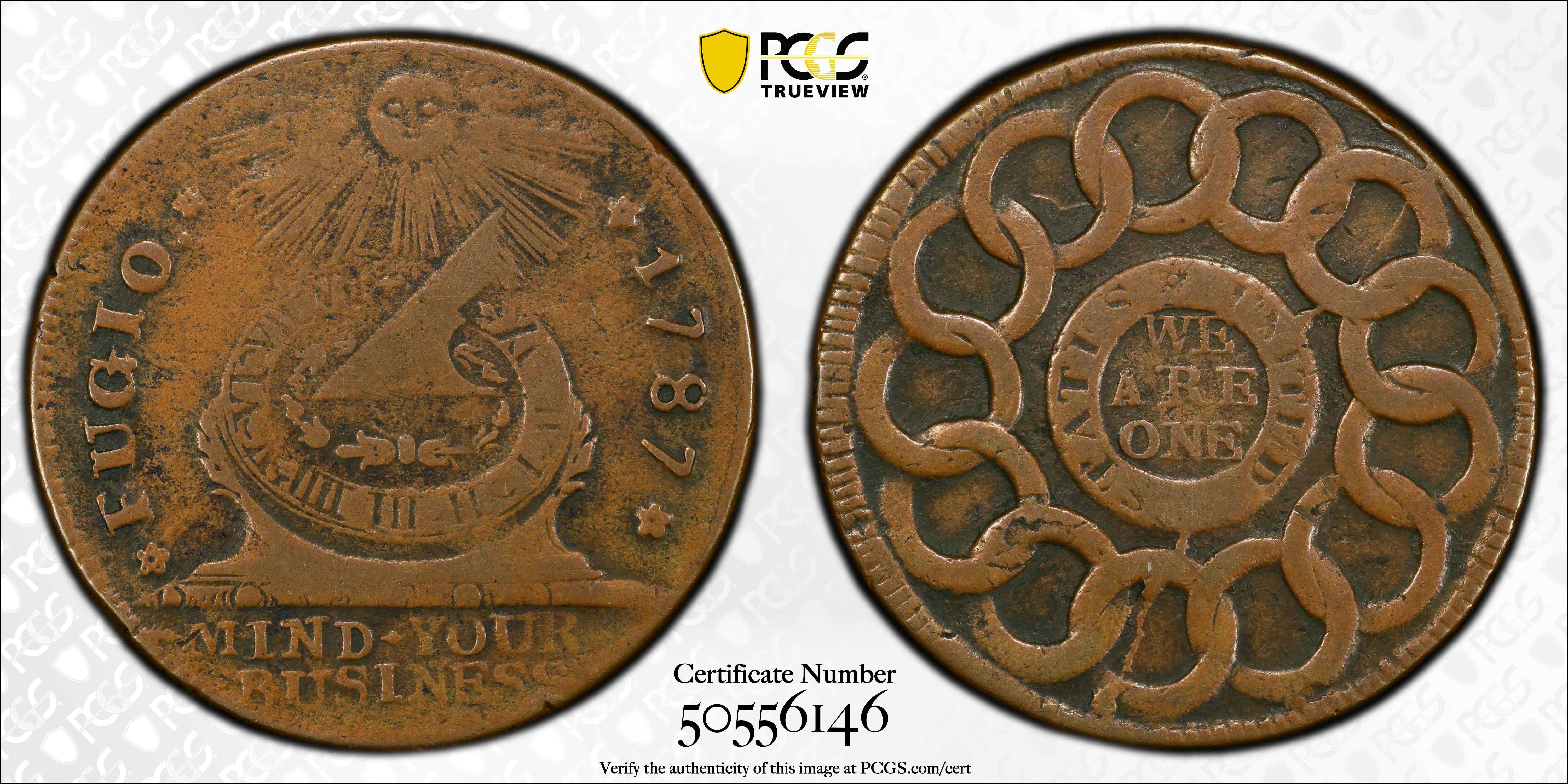 image for: 1787 Fugio Cent. Pointed Rays. Newman 16-N, W-6925. Rarity-3. STATES UNITED, 4 Cinquefoils. VF-30 (PCGS).
