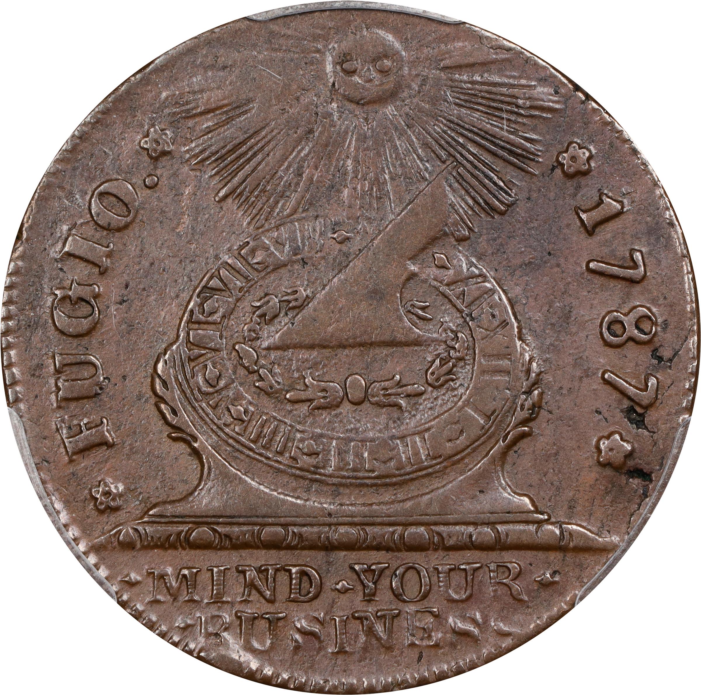 image for: 1787 Fugio Cent. Pointed Rays. Newman 17-S, W-6935. Rarity-3. STATES UNITED, 4 Cinquefoils. AU-55 (PCGS).