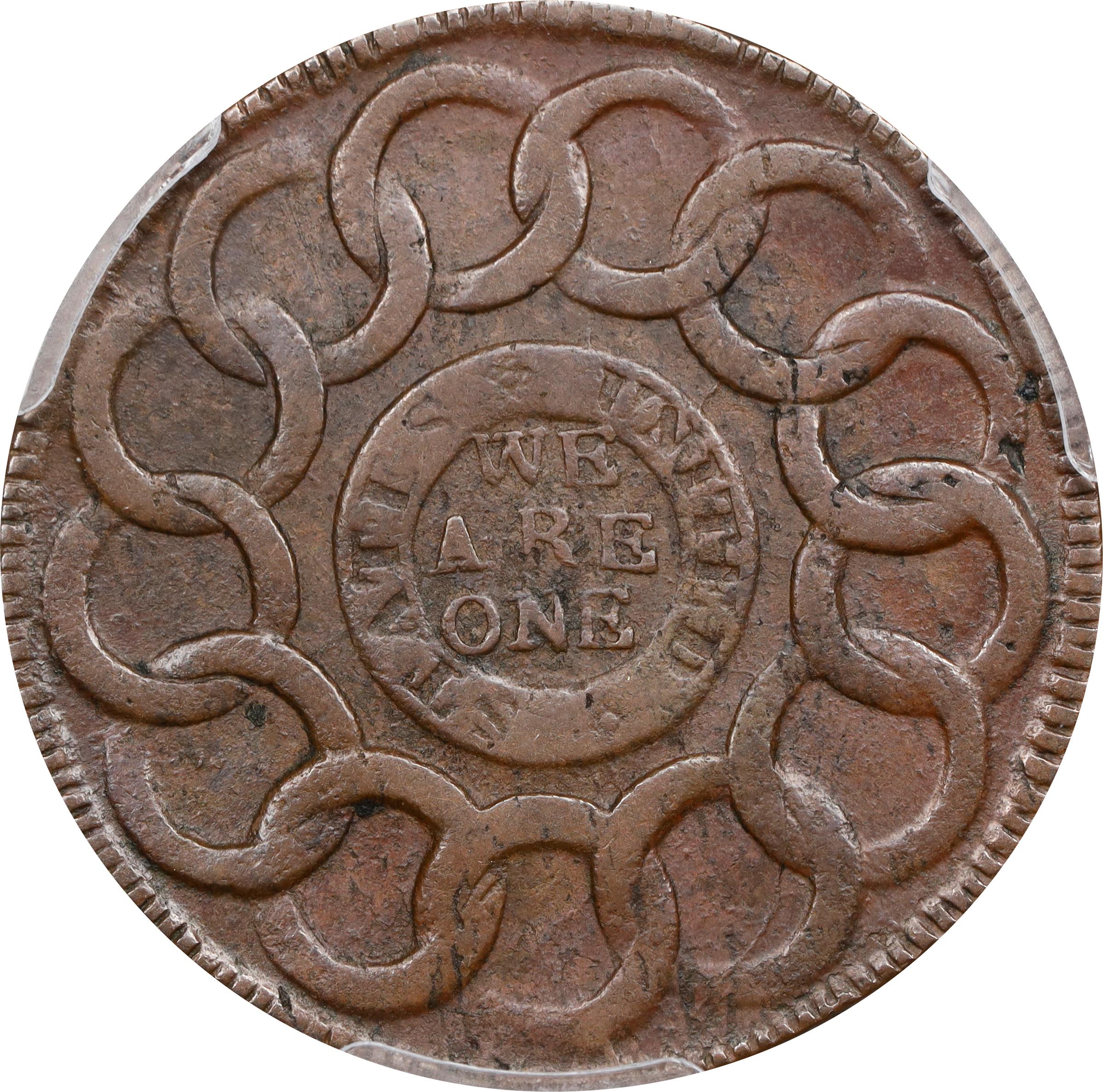 image for: 1787 Fugio Cent. Pointed Rays. Newman 17-S, W-6935. Rarity-3. STATES UNITED, 4 Cinquefoils. AU-55 (PCGS).