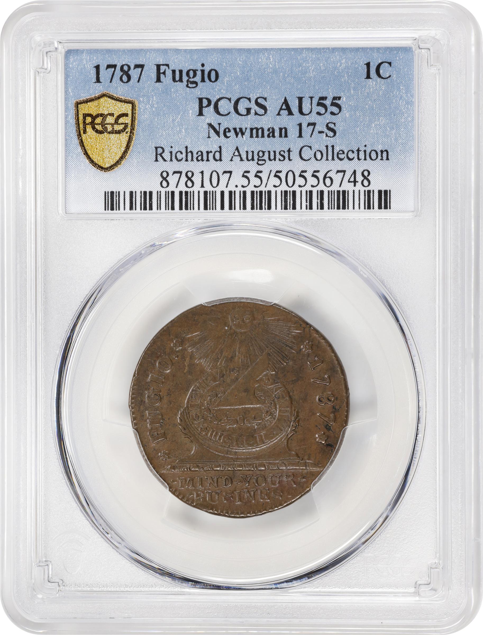 image for: 1787 Fugio Cent. Pointed Rays. Newman 17-S, W-6935. Rarity-3. STATES UNITED, 4 Cinquefoils. AU-55 (PCGS).