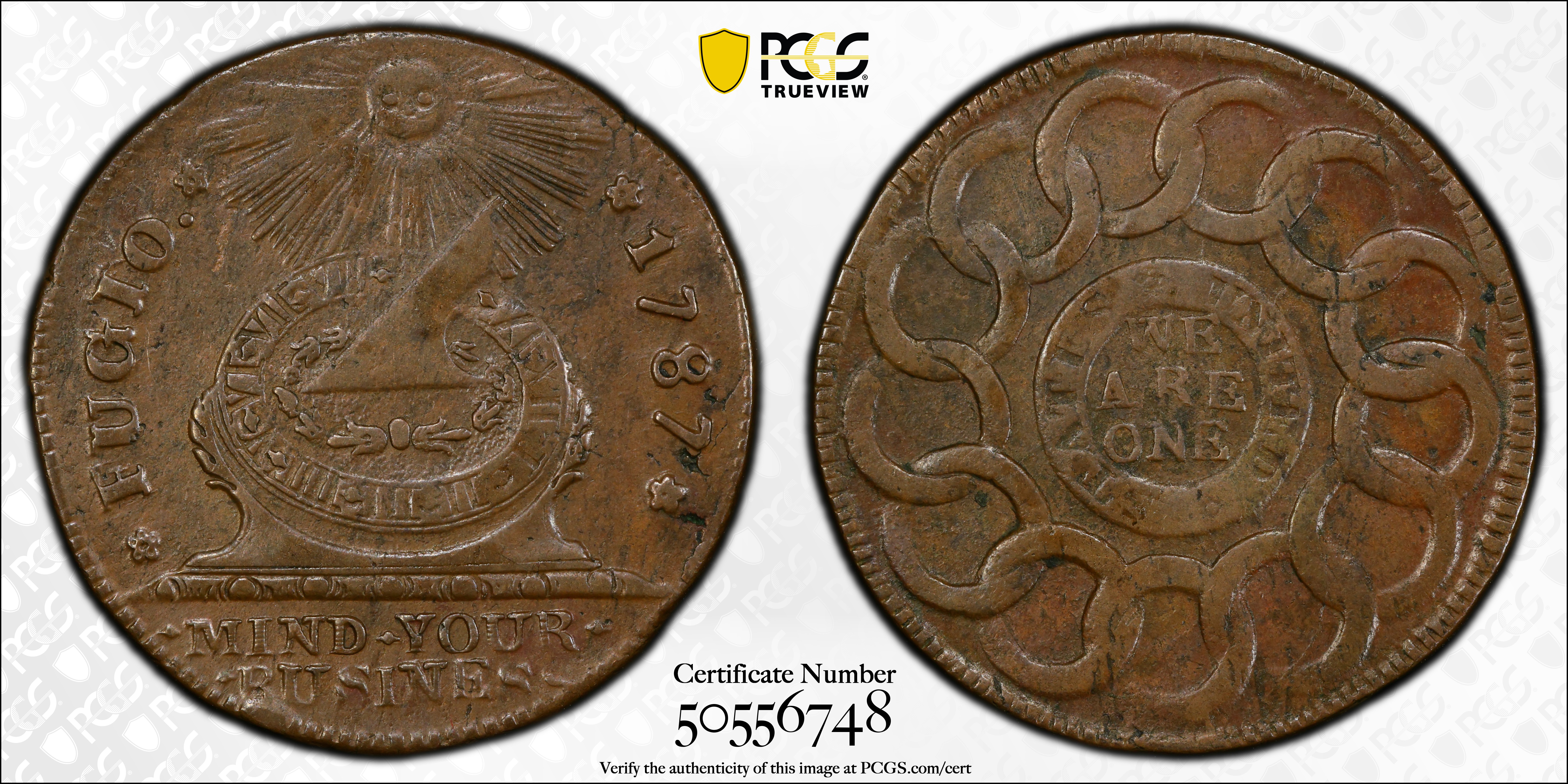 image for: 1787 Fugio Cent. Pointed Rays. Newman 17-S, W-6935. Rarity-3. STATES UNITED, 4 Cinquefoils. AU-55 (PCGS).