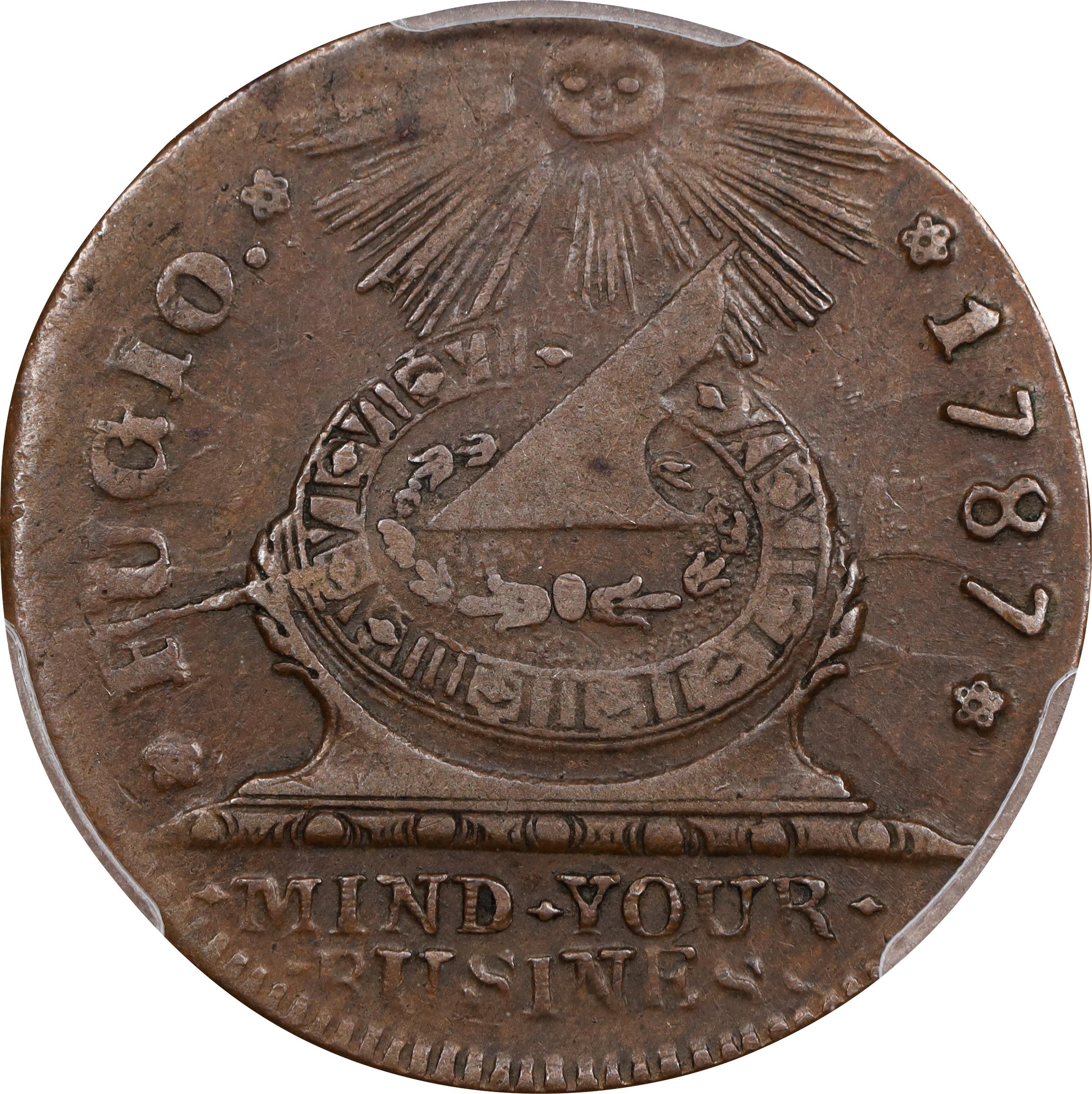 image for: 1787 Fugio Cent. Pointed Rays. Newman 17-WW, W-6945. Rarity-6. STATES UNITED, 4 Cinquefoils. EF-40 (PCGS).