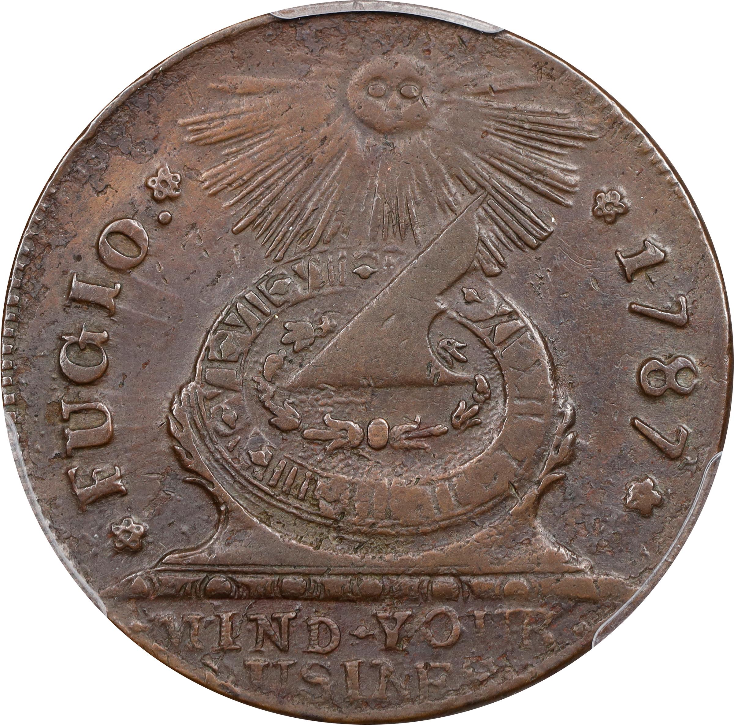 image for: 1787 Fugio Cent. Pointed Rays. Newman 18-H, W-6950. Rarity-4. UNITED STATES, 4 Cinquefoils. EF-45 (PCGS).