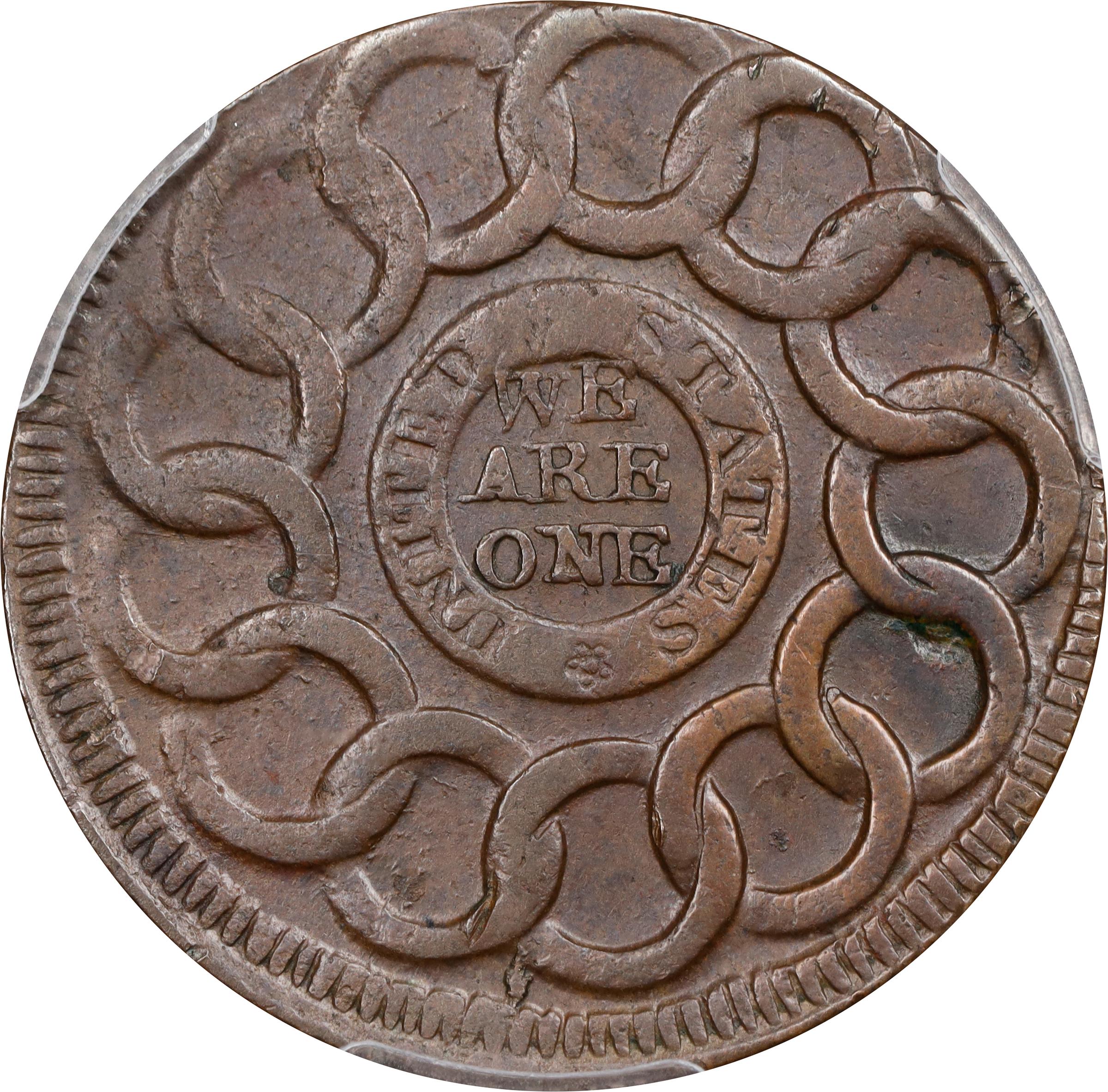 image for: 1787 Fugio Cent. Pointed Rays. Newman 18-H, W-6950. Rarity-4. UNITED STATES, 4 Cinquefoils. EF-45 (PCGS).