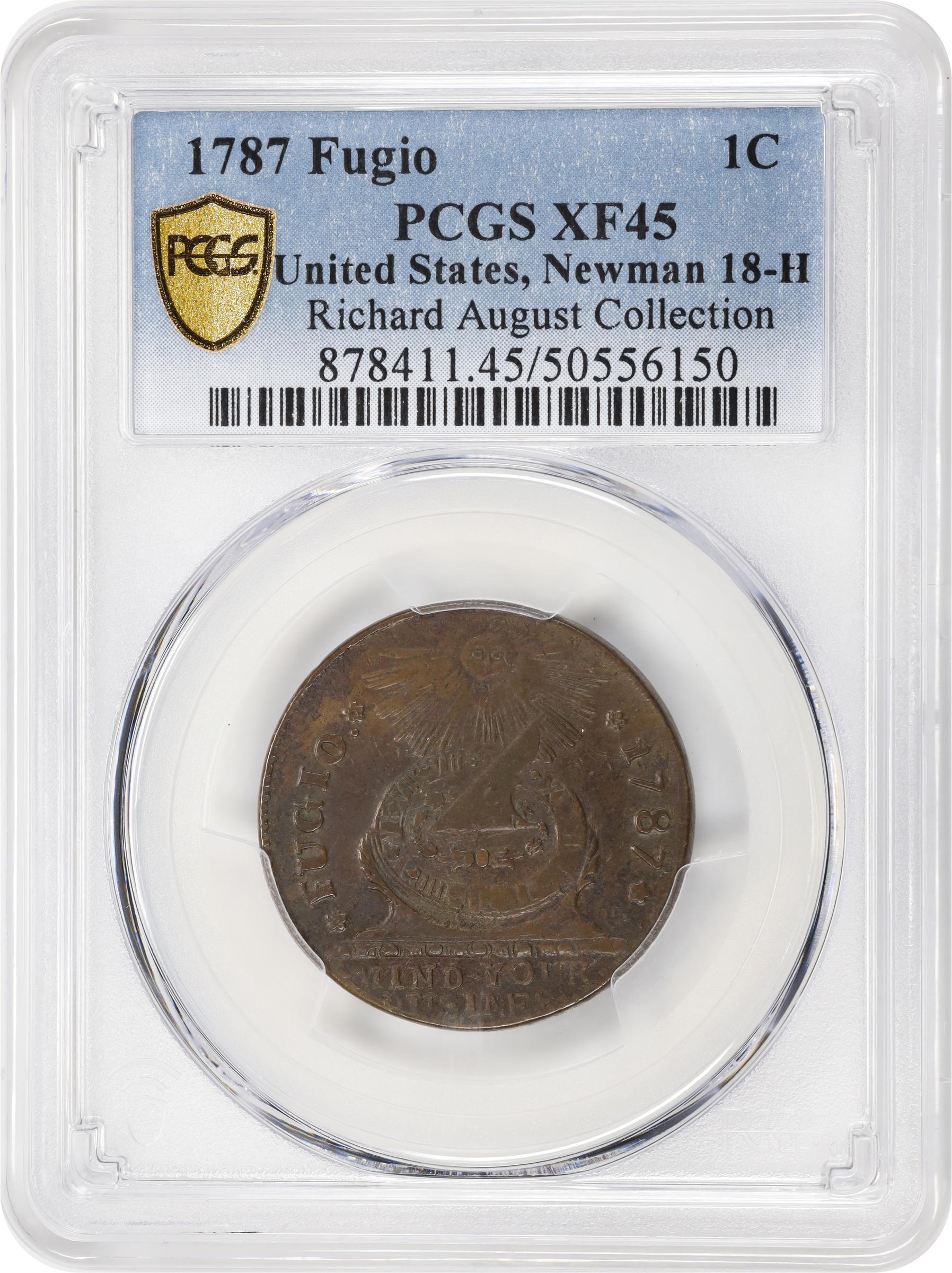 image for: 1787 Fugio Cent. Pointed Rays. Newman 18-H, W-6950. Rarity-4. UNITED STATES, 4 Cinquefoils. EF-45 (PCGS).