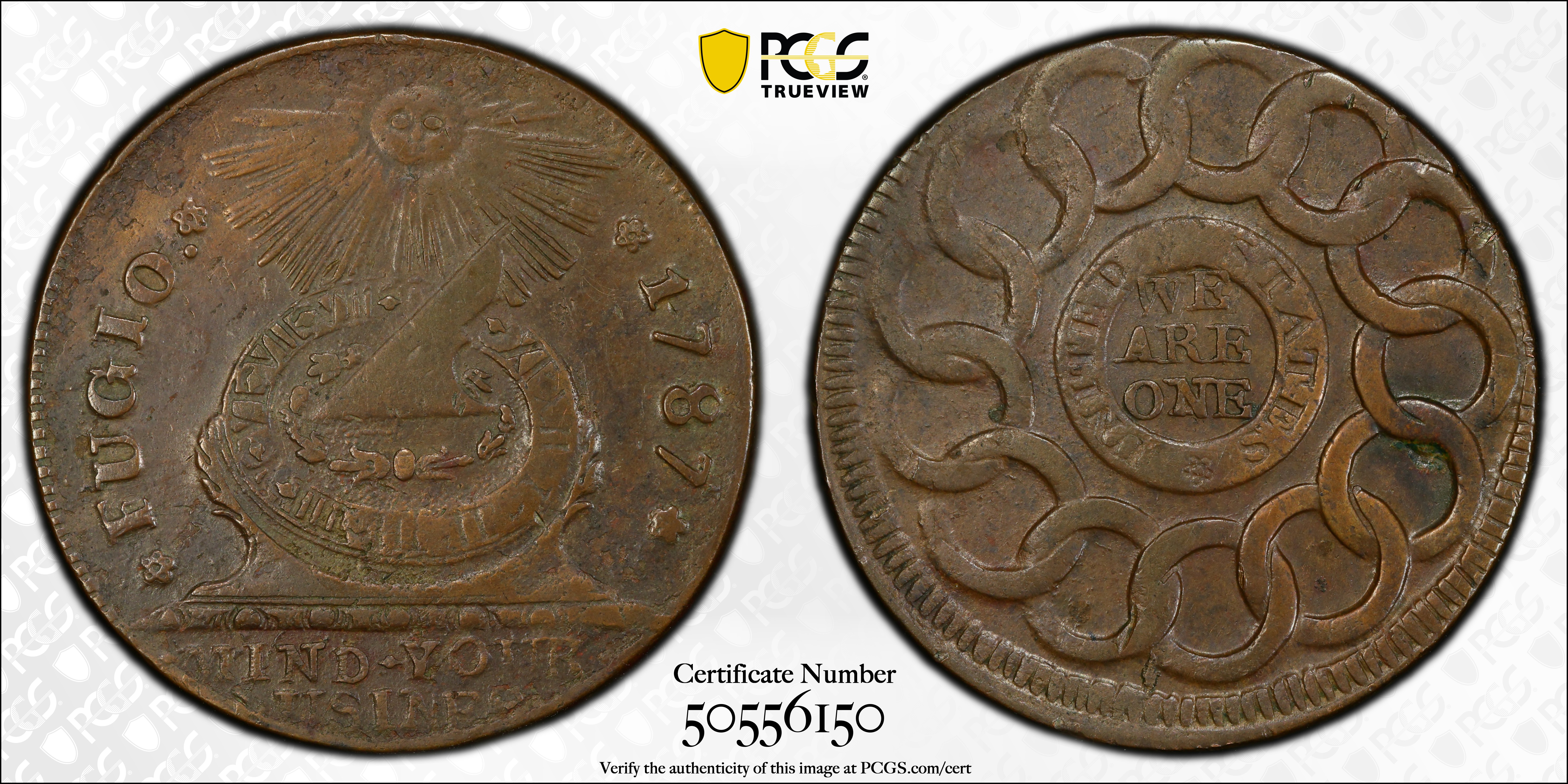 image for: 1787 Fugio Cent. Pointed Rays. Newman 18-H, W-6950. Rarity-4. UNITED STATES, 4 Cinquefoils. EF-45 (PCGS).