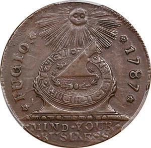 image for: 1787 Fugio Cent. Pointed Rays. Newman 18-U, W-6960. Rarity-3. STATES UNITED, 4 Cinquefoils. AU-53 (PCGS).
