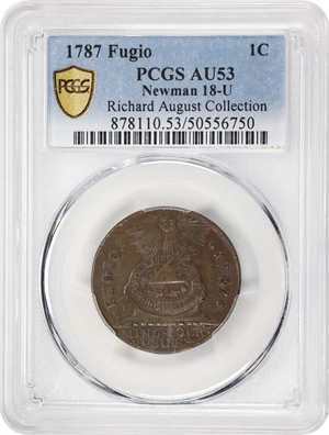 image for: 1787 Fugio Cent. Pointed Rays. Newman 18-U, W-6960. Rarity-3. STATES UNITED, 4 Cinquefoils. AU-53 (PCGS).