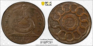 image for: 1787 Fugio Cent. Pointed Rays. Newman 18-U, W-6960. Rarity-3. STATES UNITED, 4 Cinquefoils. AU-53 (PCGS).
