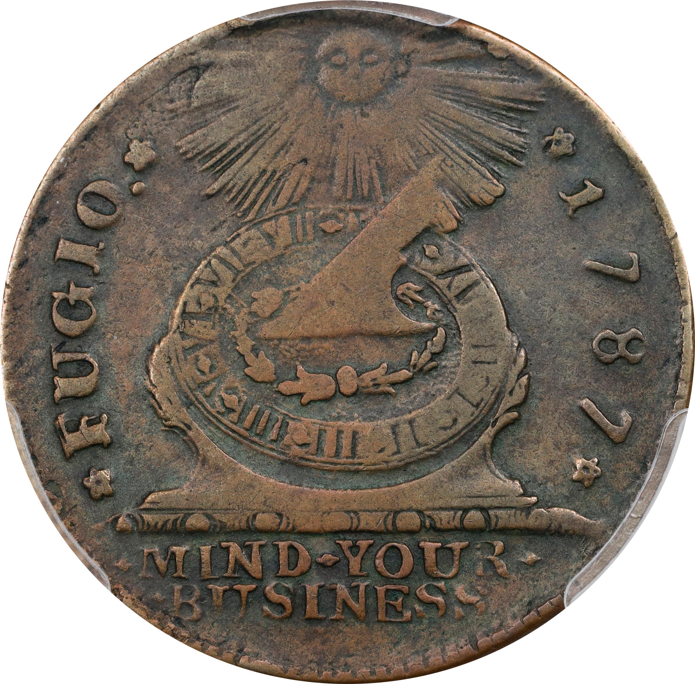 image for: 1787 Fugio Cent. Pointed Rays. Newman 19-M, W-6970. Rarity-5+. STATES UNITED, 4 Cinquefoils. VF-35 (PCGS).